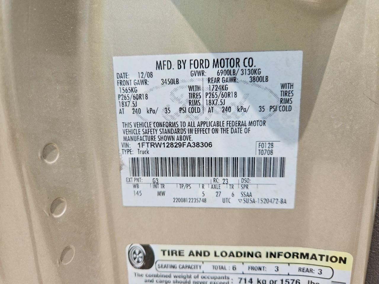 2009 Ford F150 Supercrew Tan vin: 1FTRW12829FA38306