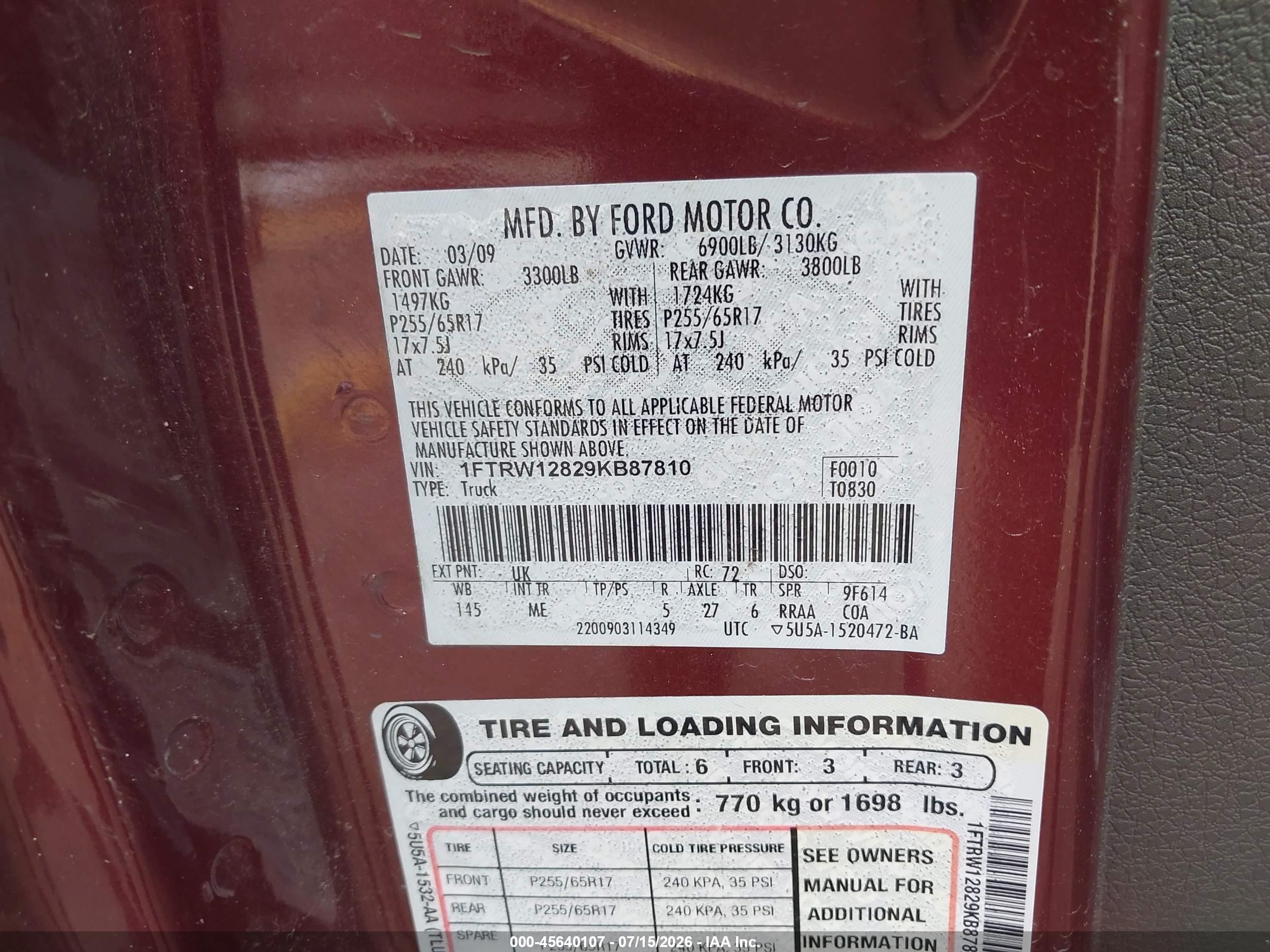 2009 Ford F-150 Xl/xlt Red vin: 1FTRW12829KB87810