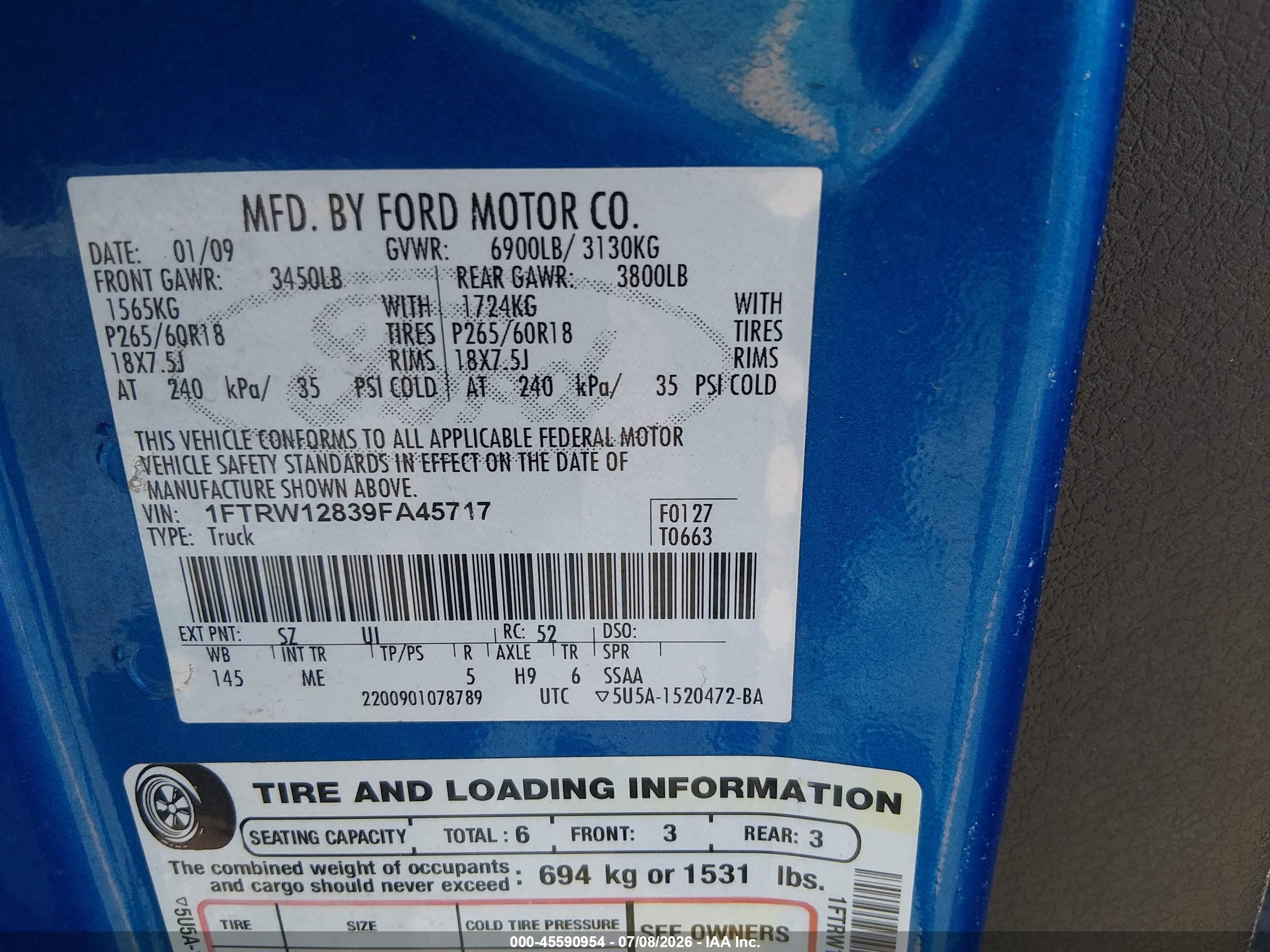 2009 Ford F-150 Xl/xlt Синий vin: 1FTRW12839FA45717