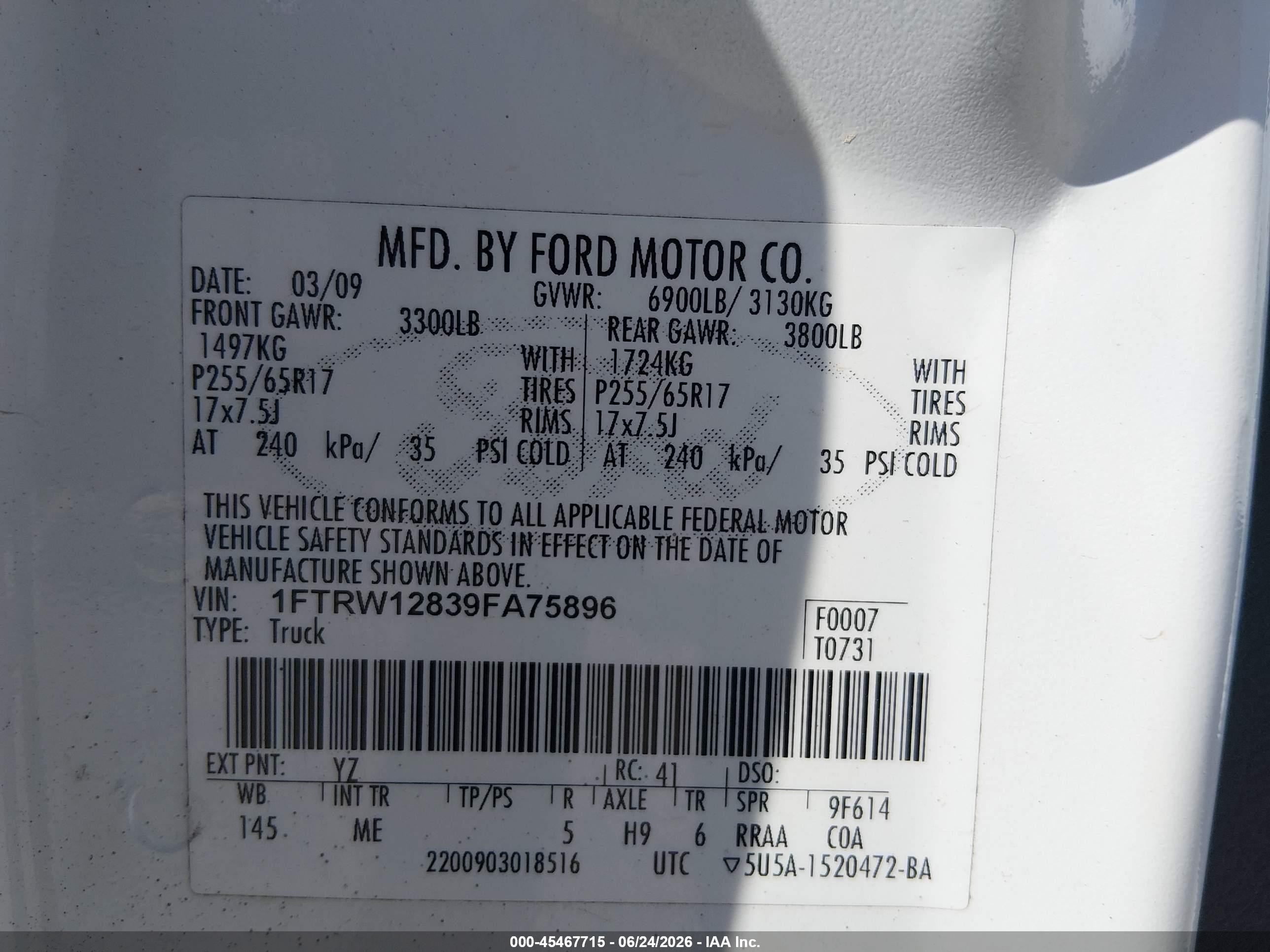 2009 Ford F-150 Xl/xlt White vin: 1FTRW12839FA75896