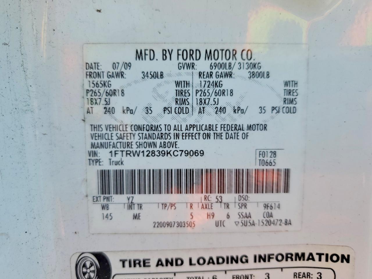 2009 Ford F150 Supercrew White vin: 1FTRW12839KC79069
