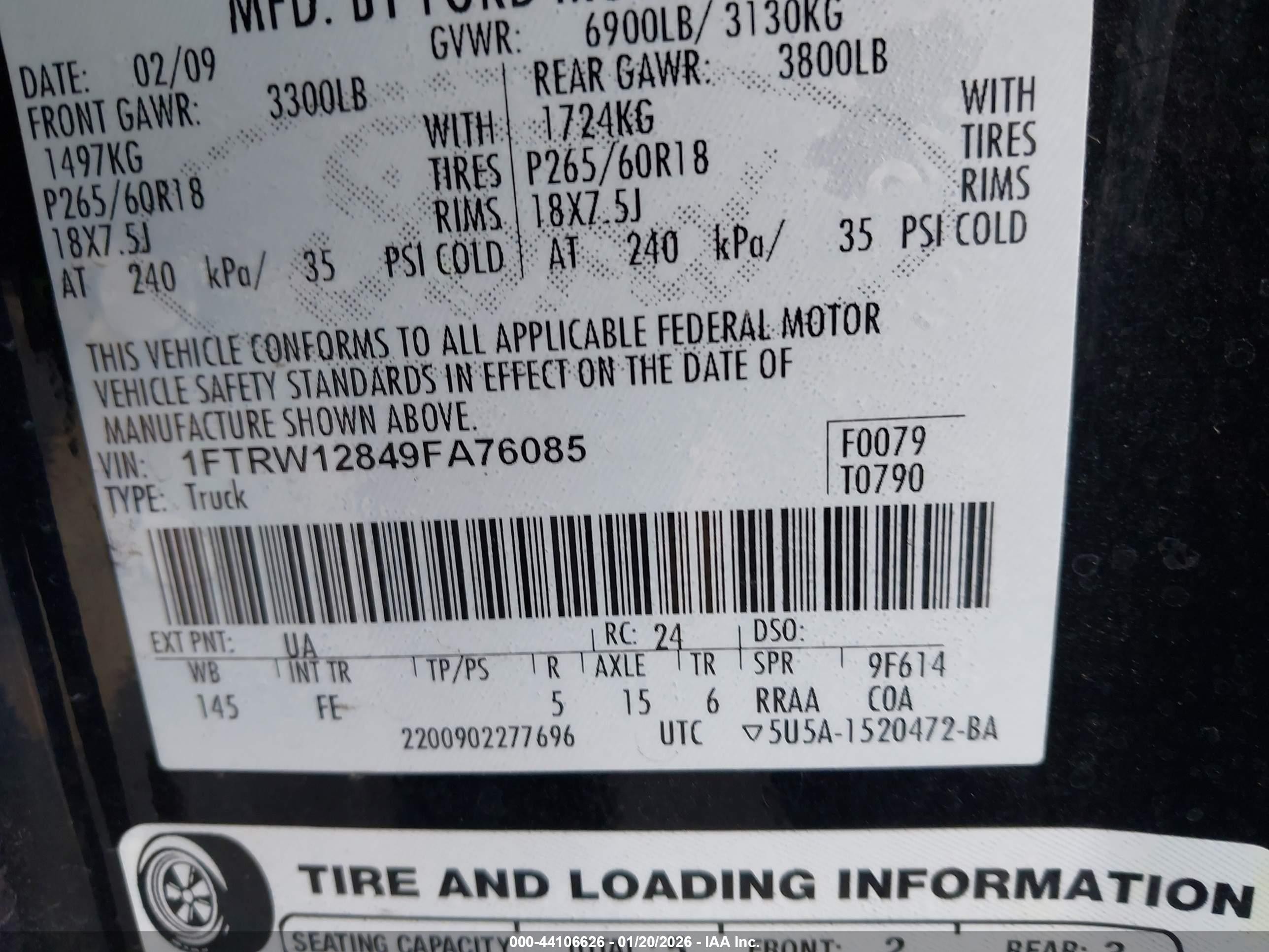 2009 Ford F-150 Xl/xlt Черный vin: 1FTRW12849FA76085