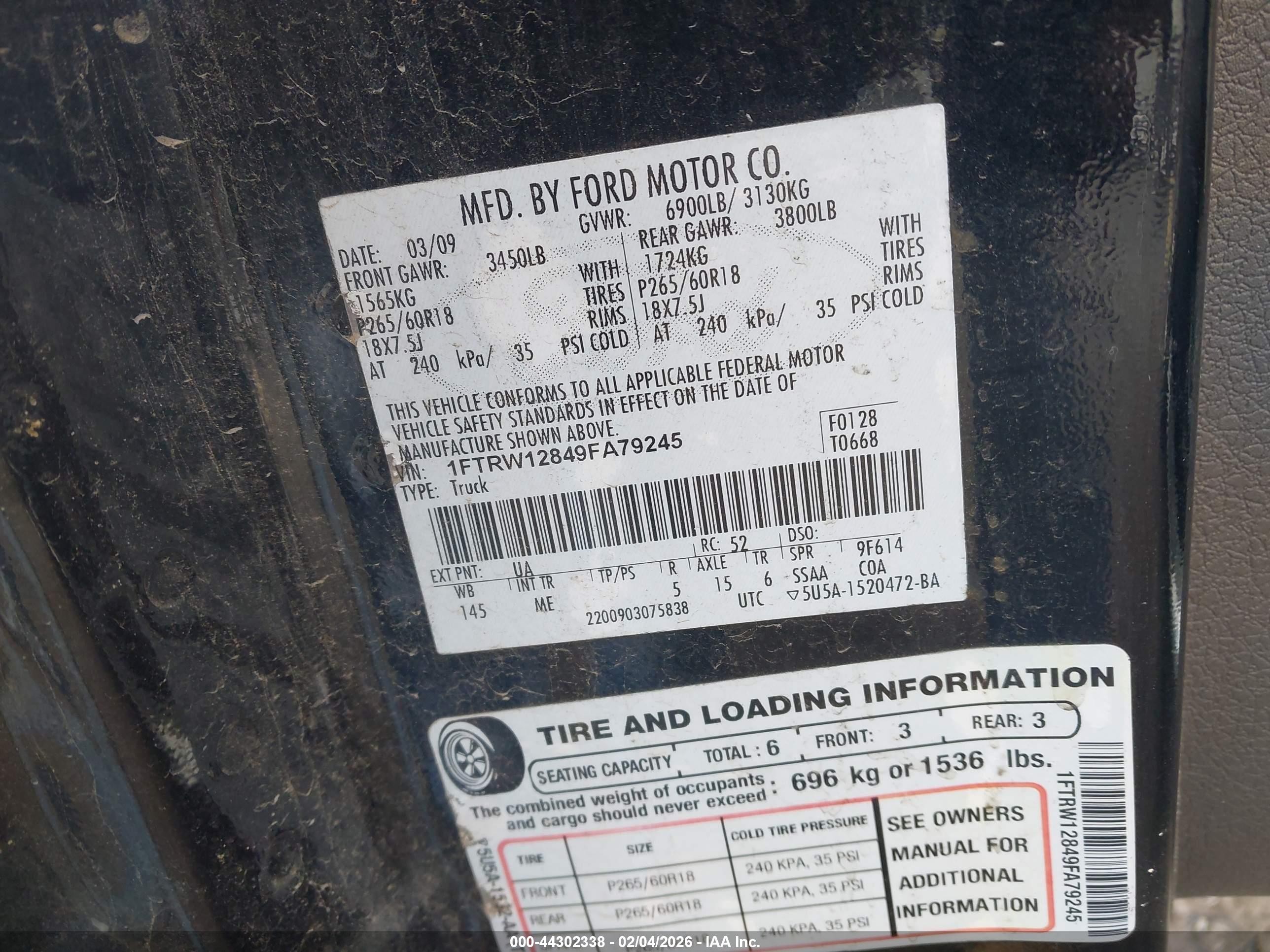 2009 Ford F-150 Xl/xlt Black vin: 1FTRW12849FA79245