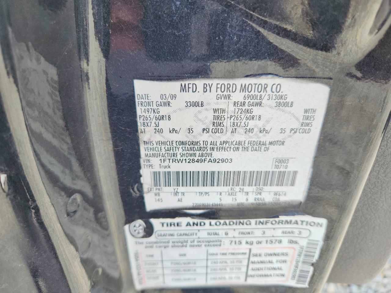 2009 Ford F150 Supercrew Black vin: 1FTRW12849FA92903