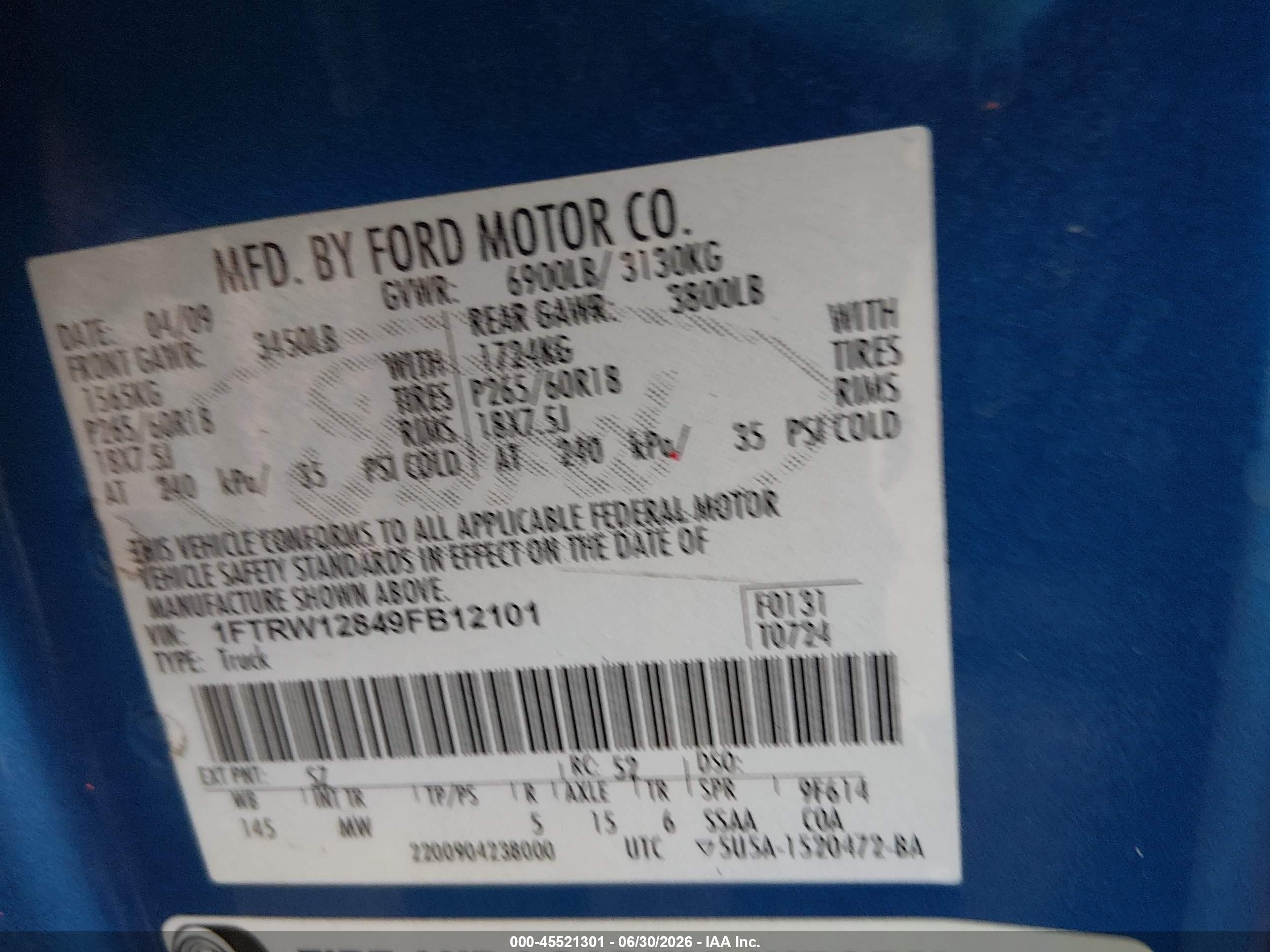 2009 Ford F-150 Xl/xlt Blue vin: 1FTRW12849FB12101