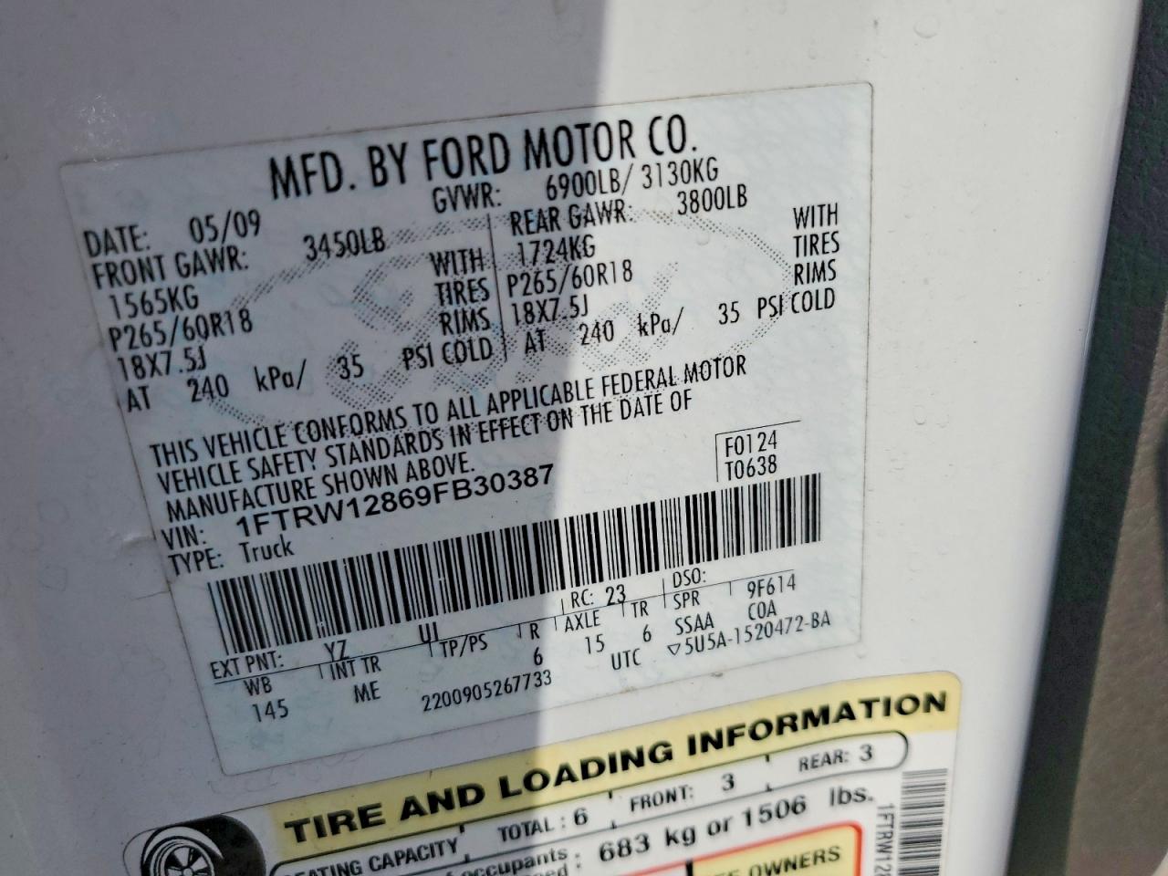 2009 Ford F150 Supercrew White vin: 1FTRW12869FB30387