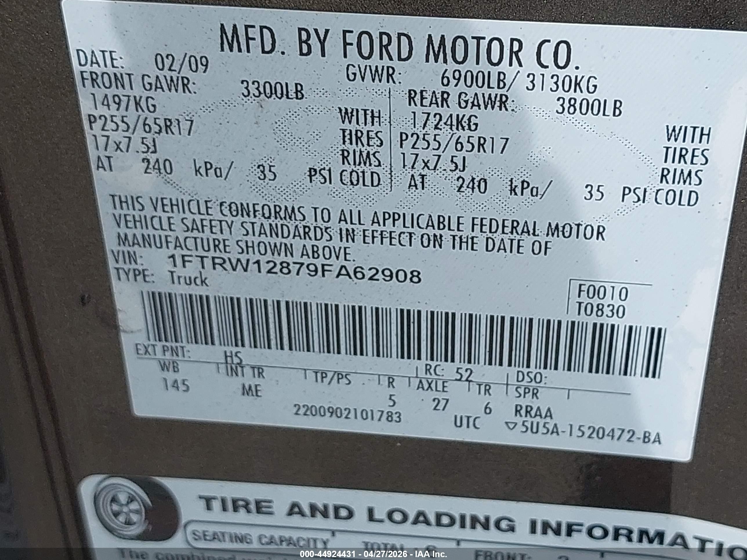 2009 Ford F-150 Xl/xlt Brown vin: 1FTRW12879FA62908