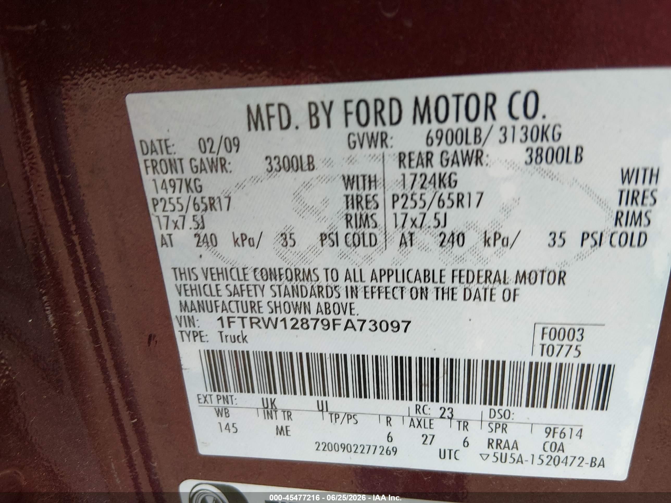 2009 Ford F-150 Xl/xlt Maroon vin: 1FTRW12879FA73097