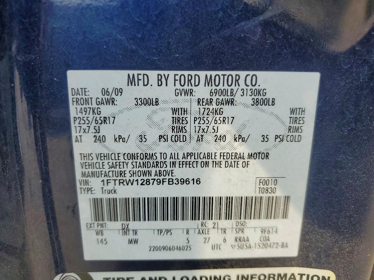 2009 Ford F 150 Blue vin: 1FTRW12879FB39616