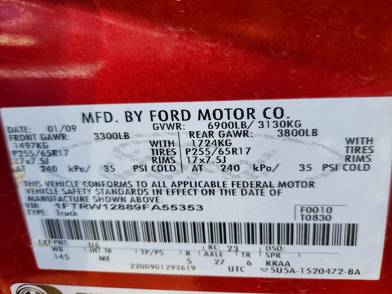 2009 Ford F150 Supercrew Красный vin: 1FTRW12889FA55353