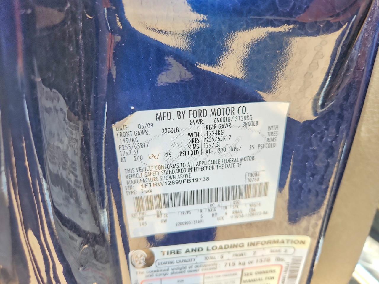 2009 Ford F150 Supercrew Blue vin: 1FTRW12899FB19738