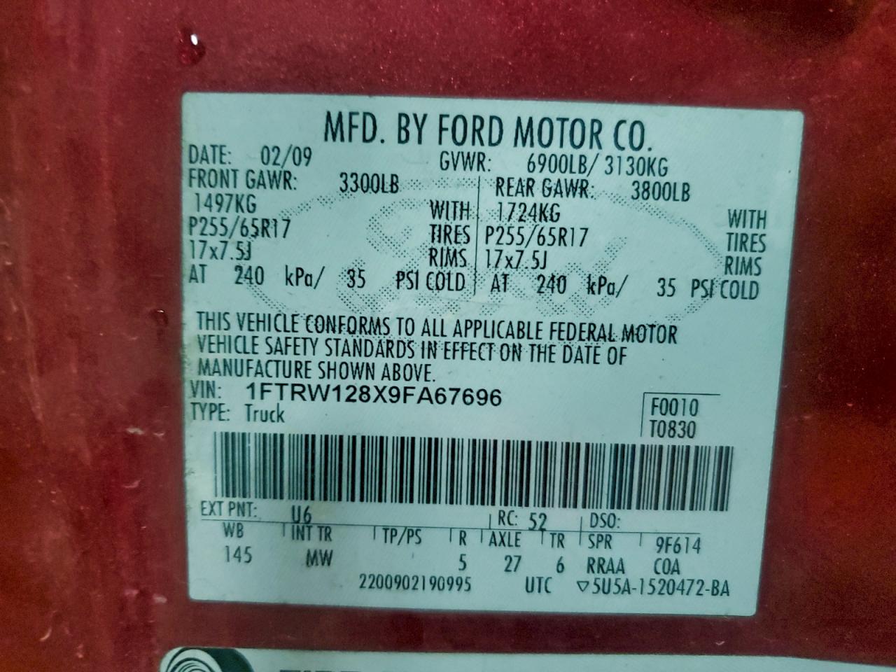 2009 Ford F150 Красный vin: 1FTRW128X9FA67696