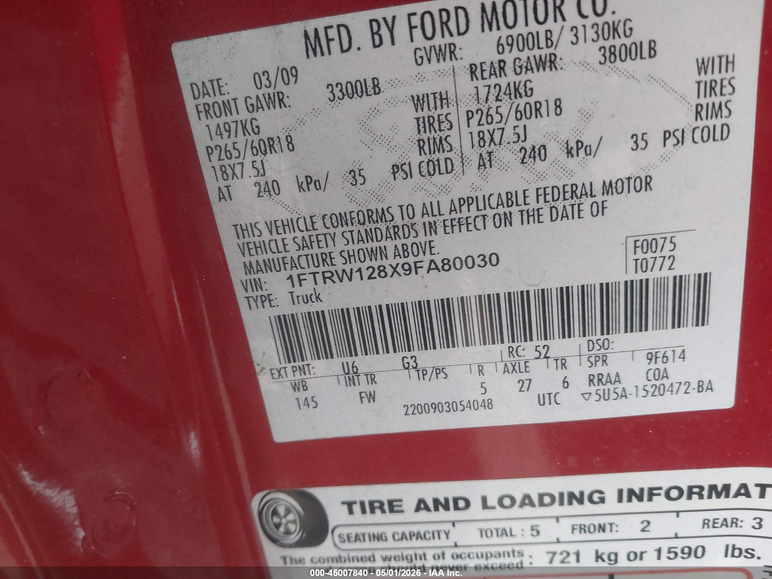 2009 Ford F-150 Xl/xlt Red vin: 1FTRW128X9FA80030