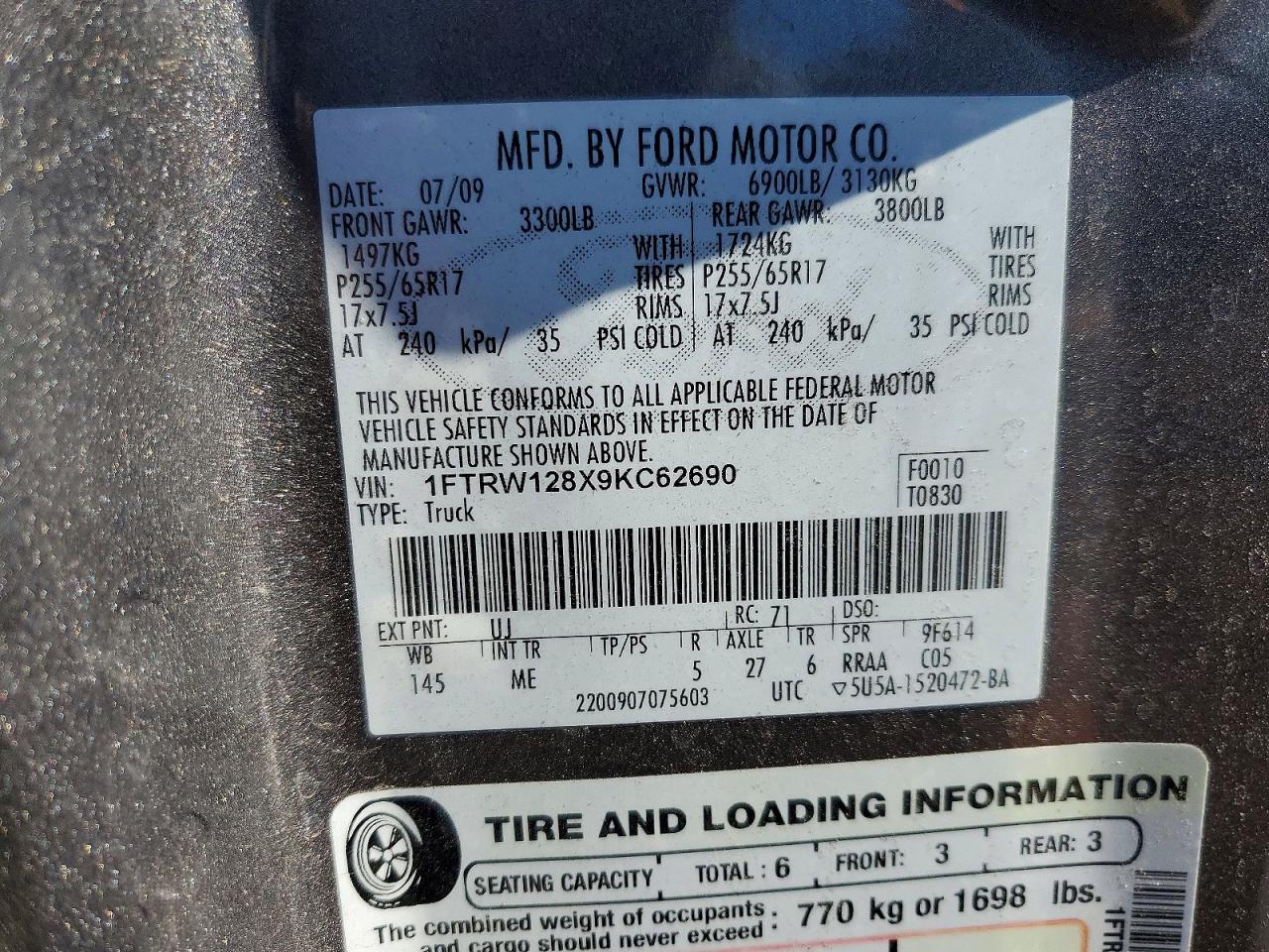 2009 Ford F150 Supercrew Gray vin: 1FTRW128X9KC62690