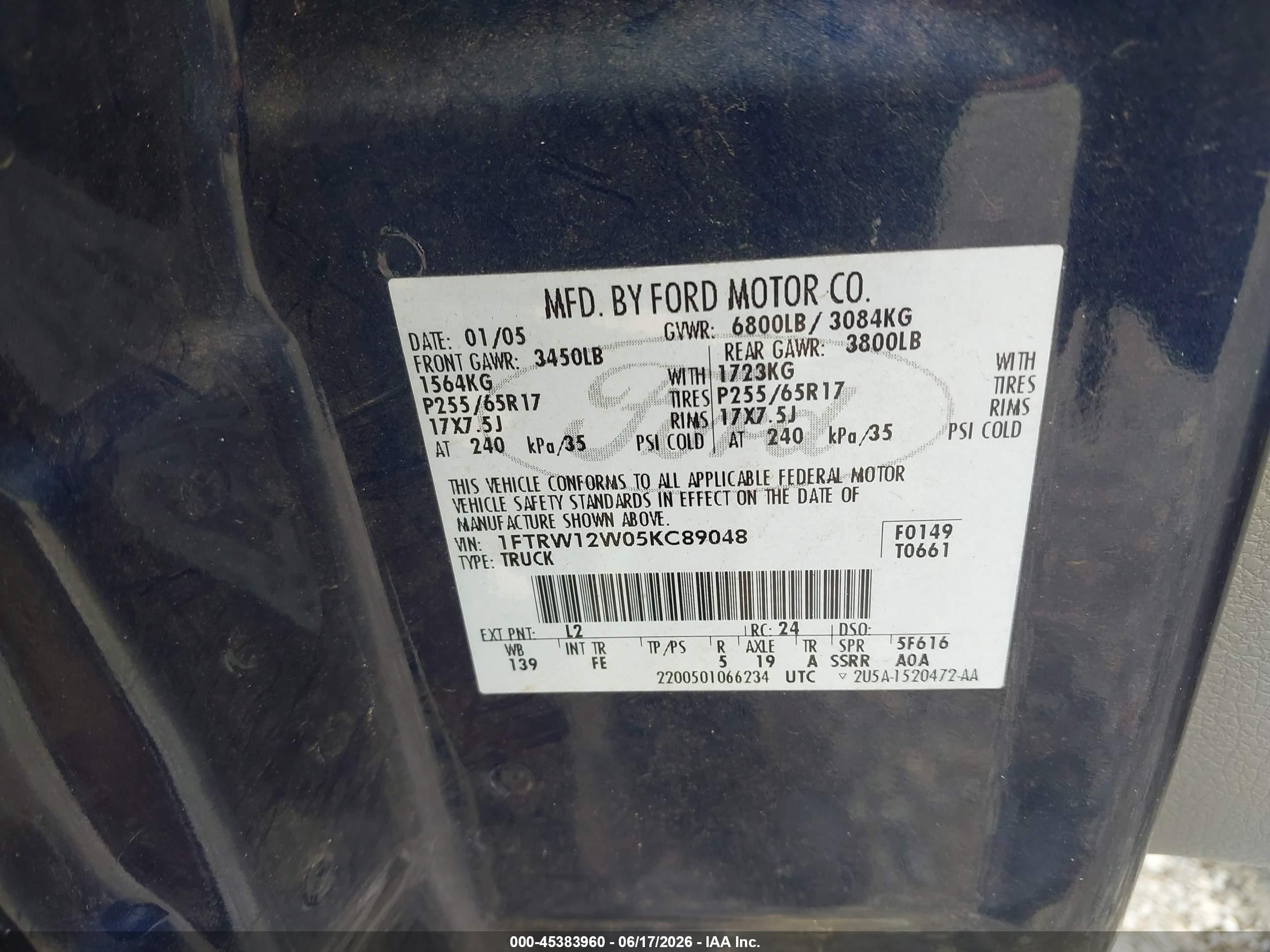 2005 Ford F-150 Xlt Blue vin: 1FTRW12W05KC89048