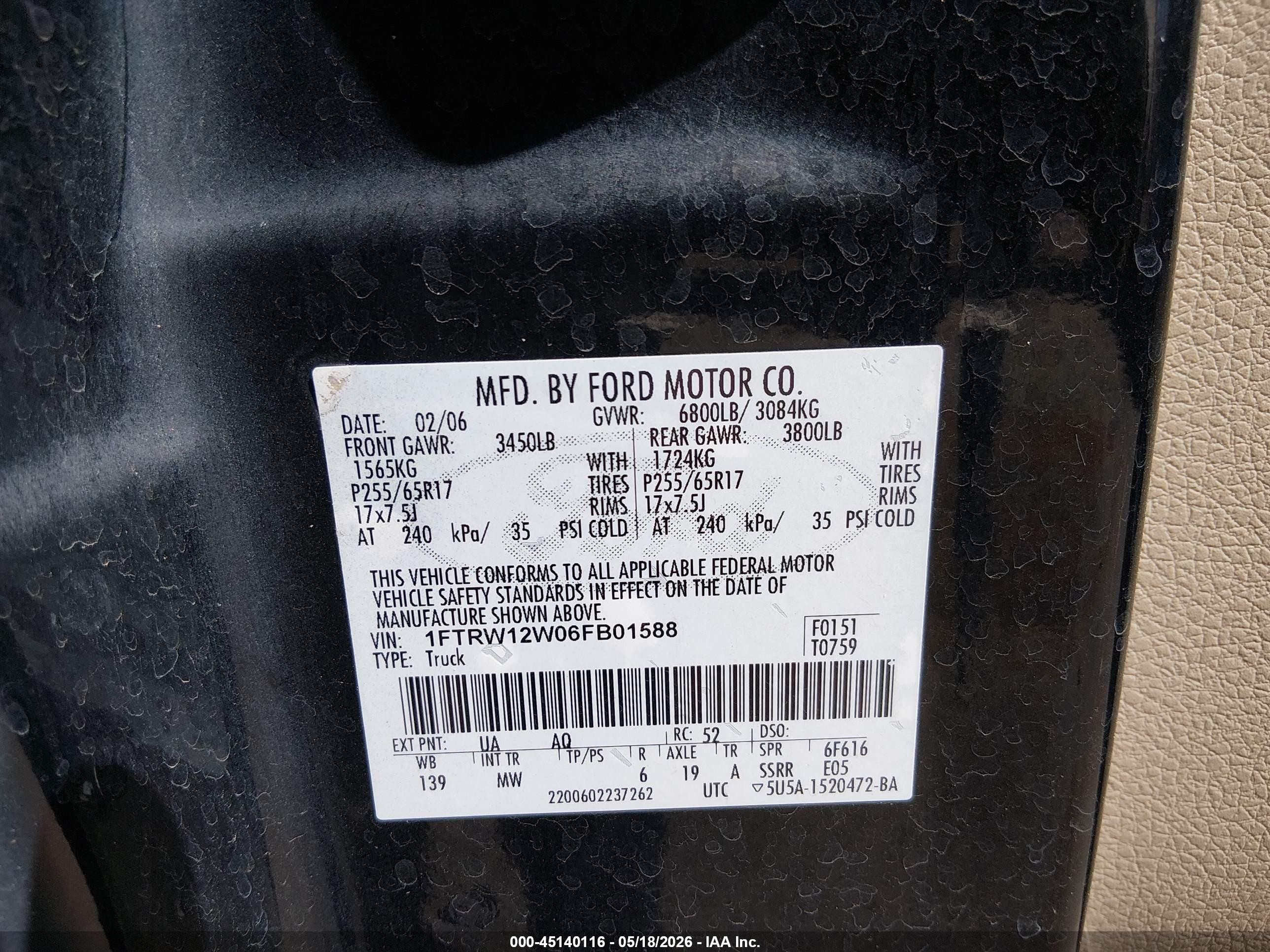 2006 Ford F-150 Xlt Black vin: 1FTRW12W06FB01588