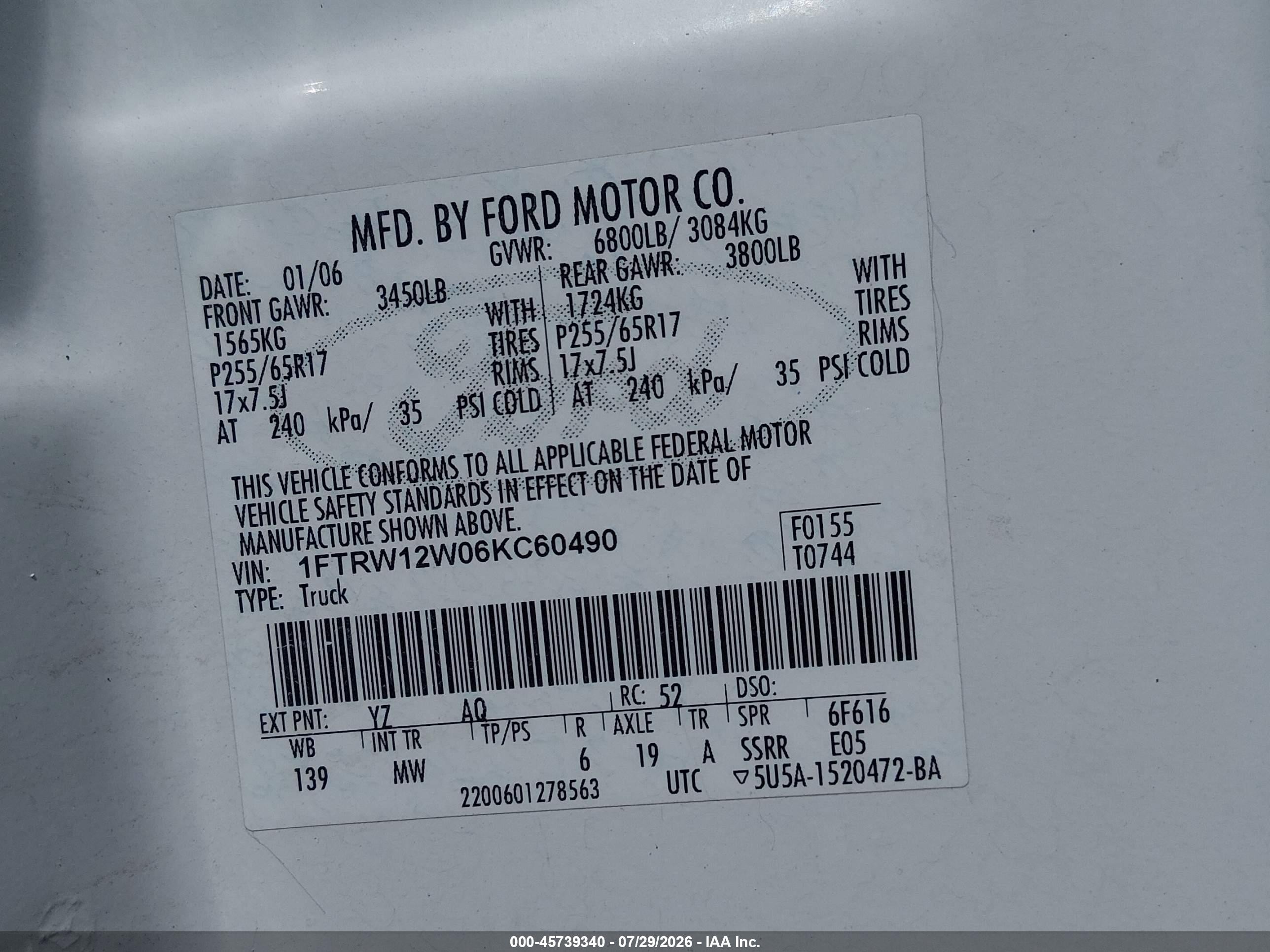 2006 Ford F-150 Xlt White vin: 1FTRW12W06KC60490