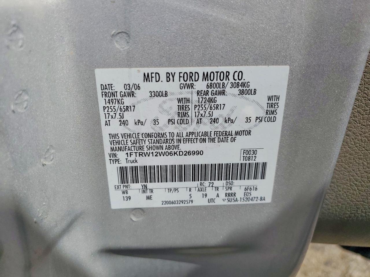 2006 Ford F150 Supercrew Silver vin: 1FTRW12W06KD26990