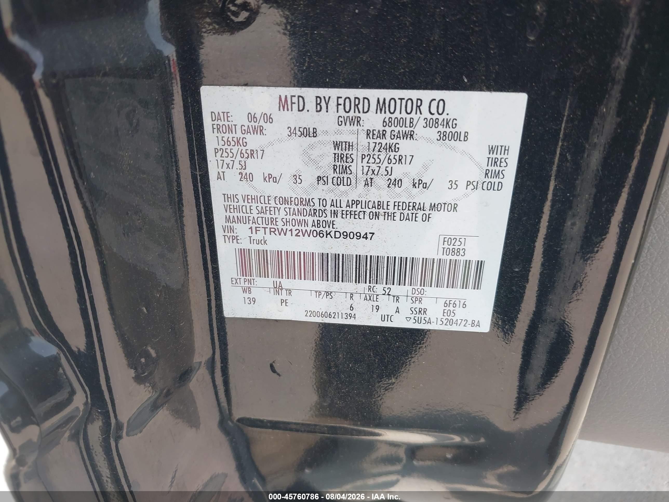 2006 Ford F-150 Xlt Black vin: 1FTRW12W06KD90947