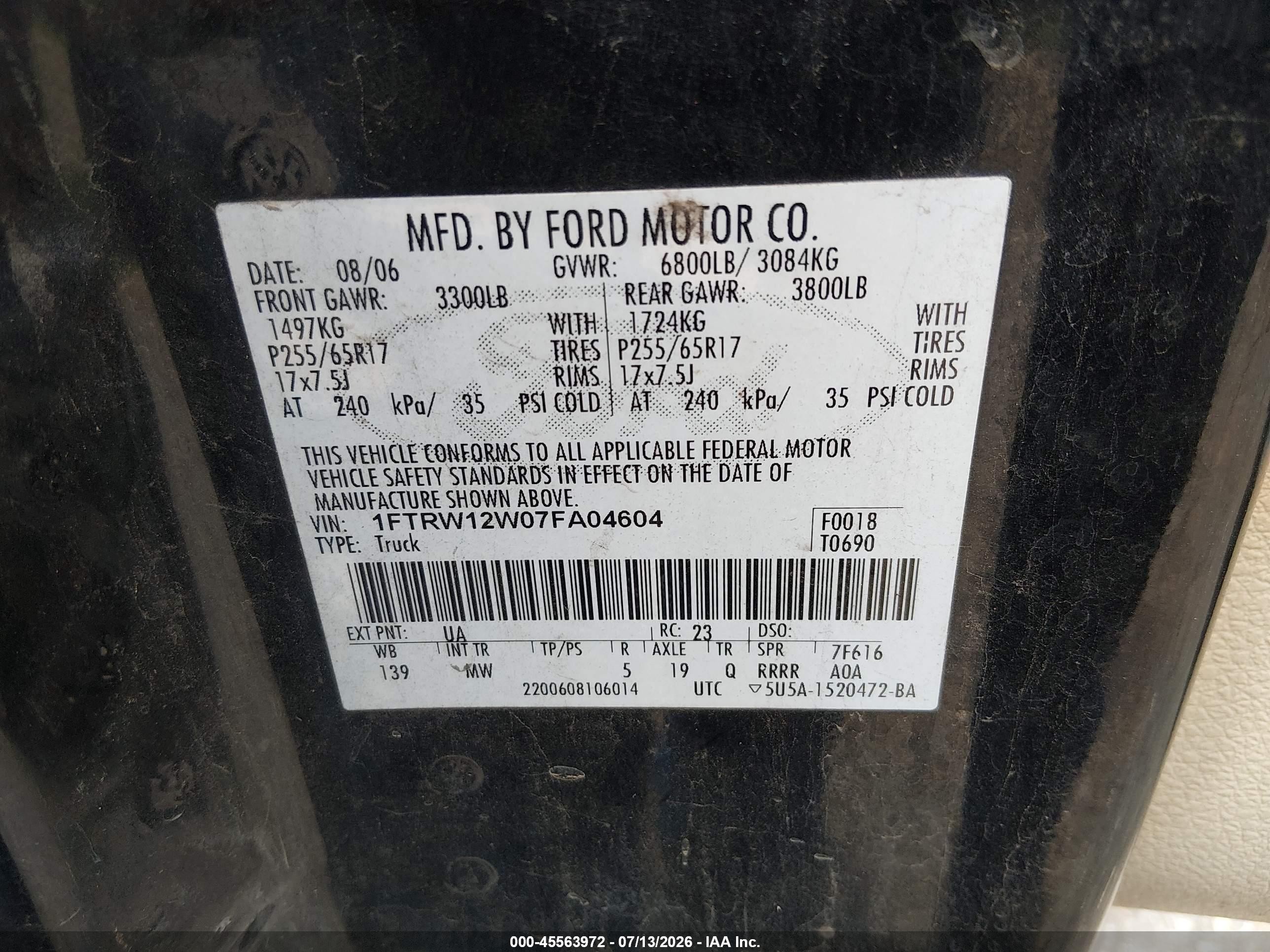 2007 Ford F-150 Xlt Black vin: 1FTRW12W07FA04604