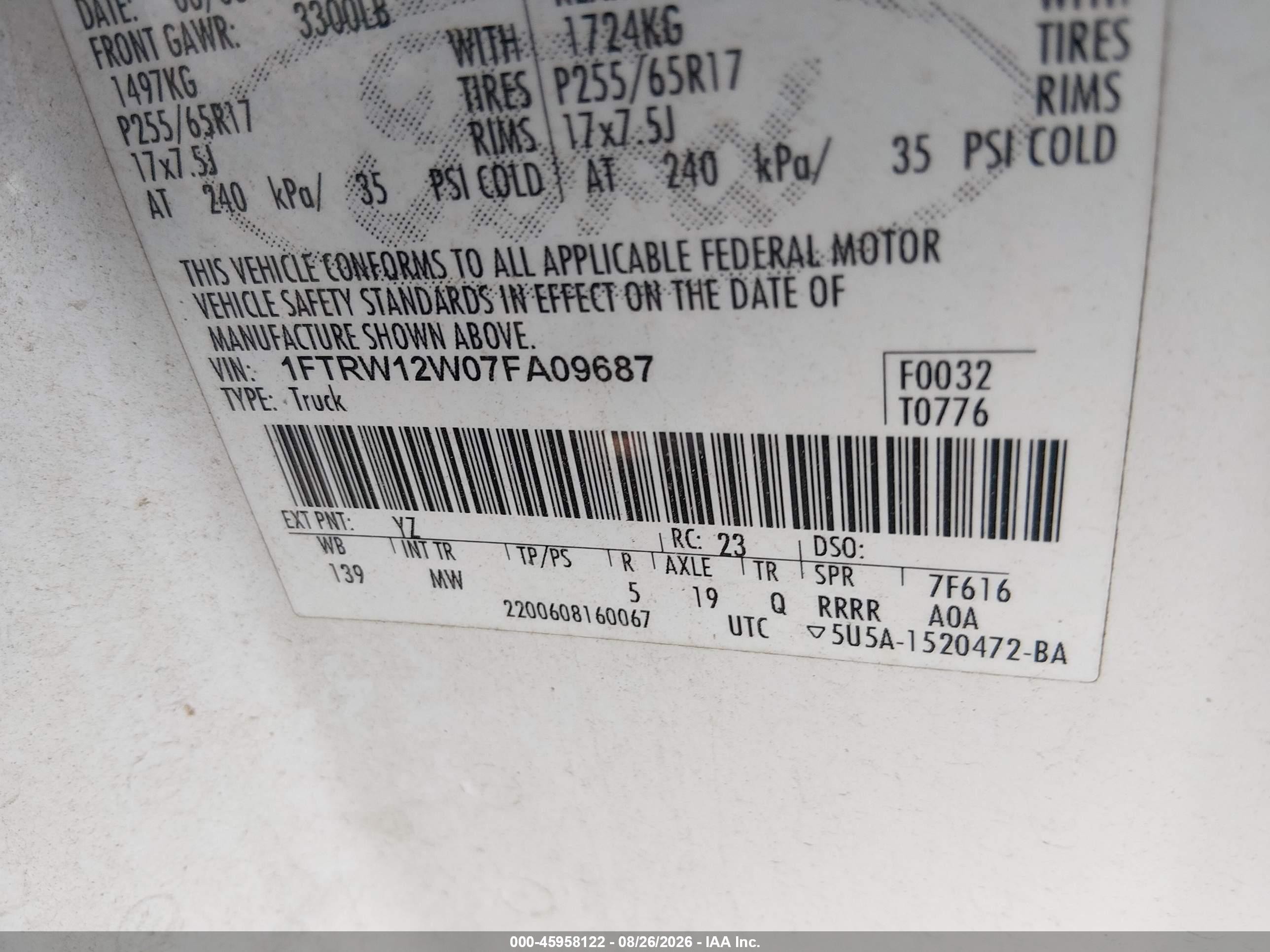 2007 Ford F-150 Xlt White vin: 1FTRW12W07FA09687