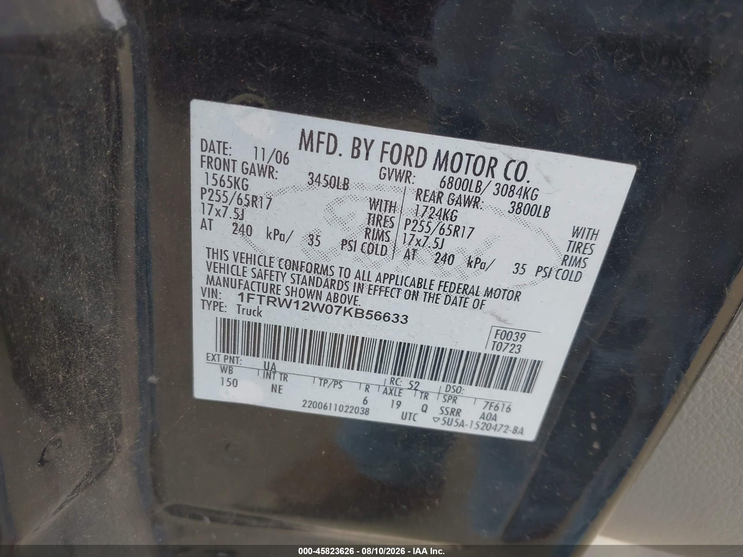 2007 Ford F-150 Xlt Black vin: 1FTRW12W07KB56633