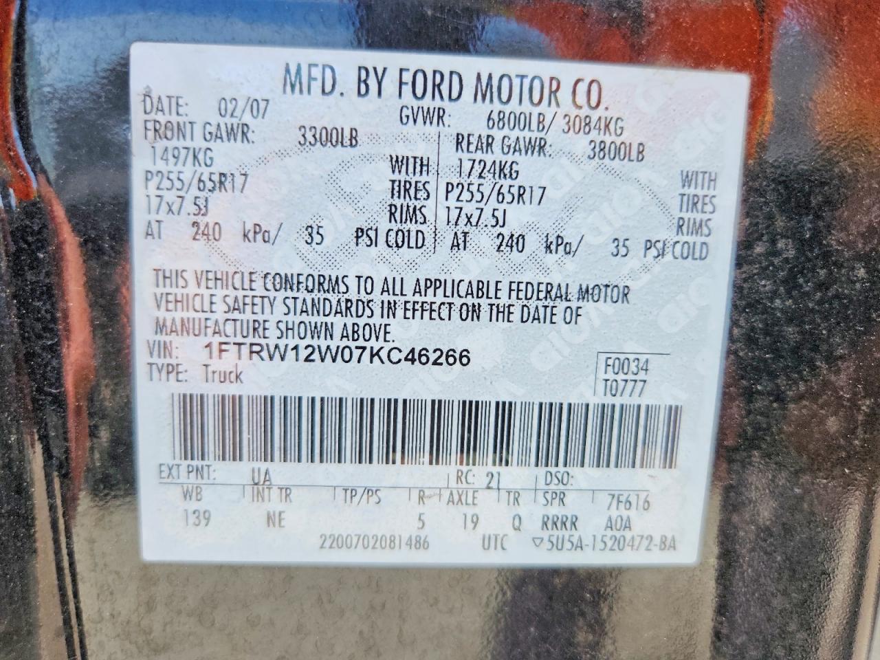 2007 Ford F150 Supercrew Black vin: 1FTRW12W07KC46266