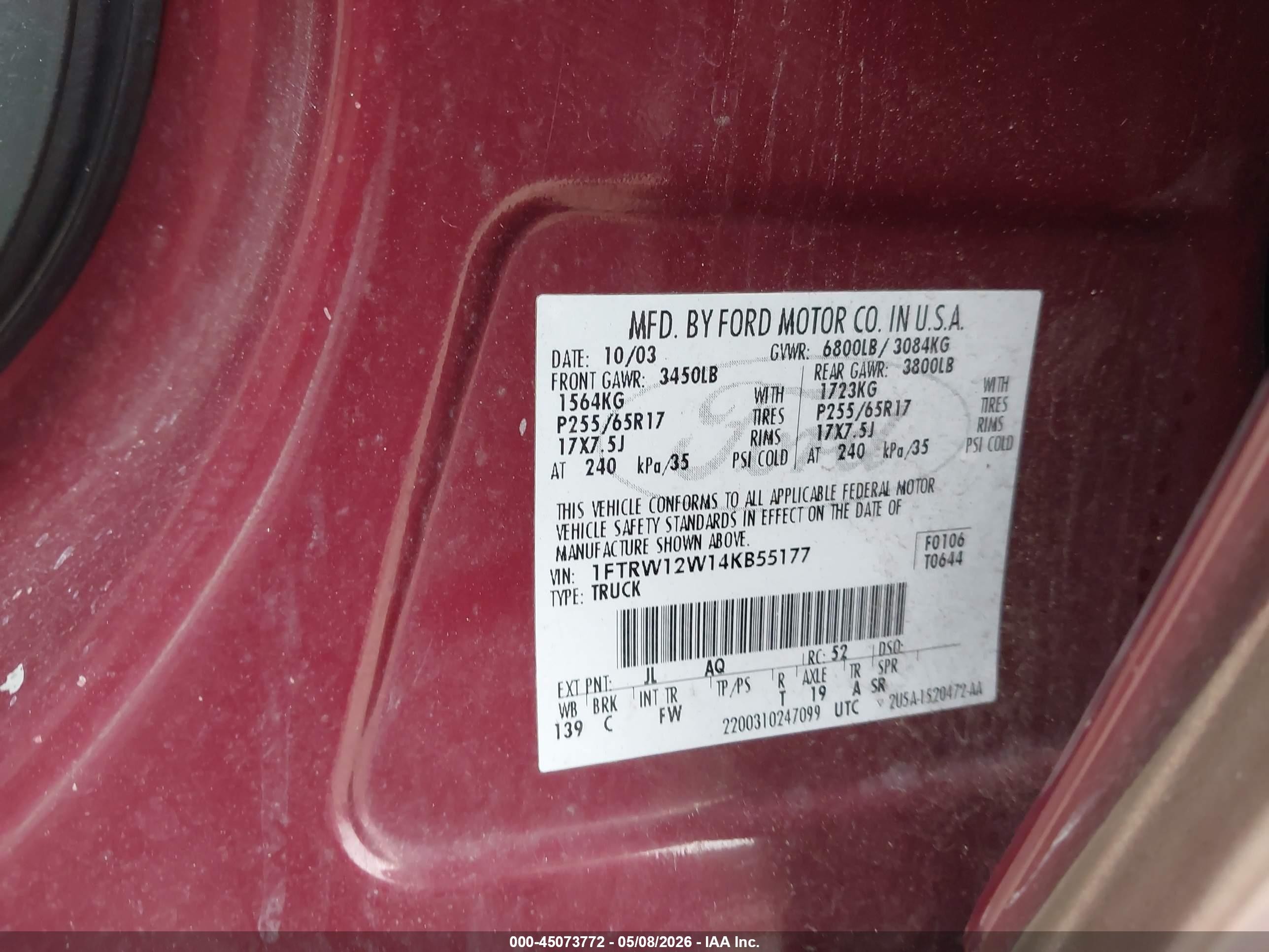 2004 Ford F-150 Xlt Red vin: 1FTRW12W14KB55177