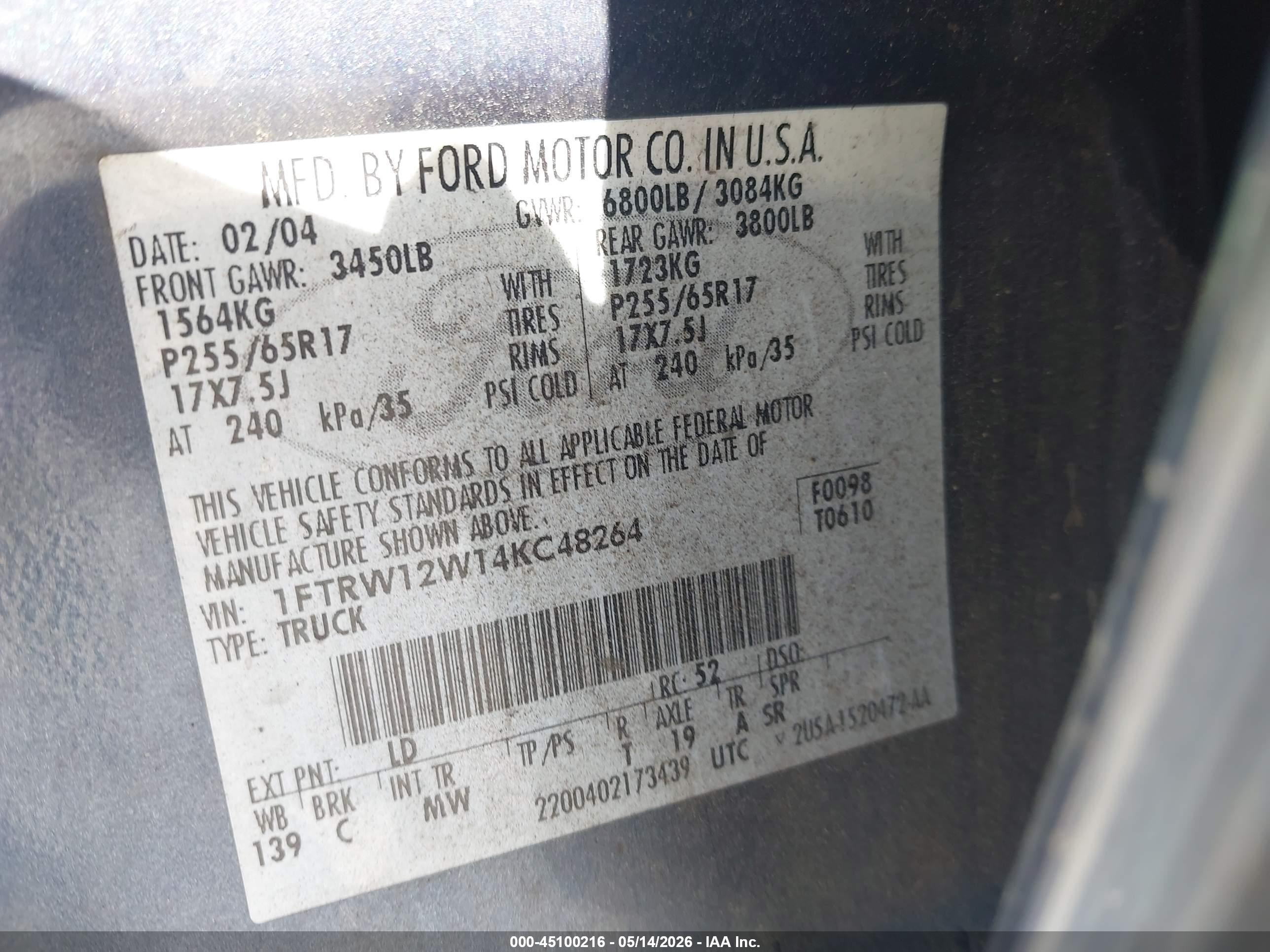 2004 Ford F-150 Xlt Blue vin: 1FTRW12W14KC48264