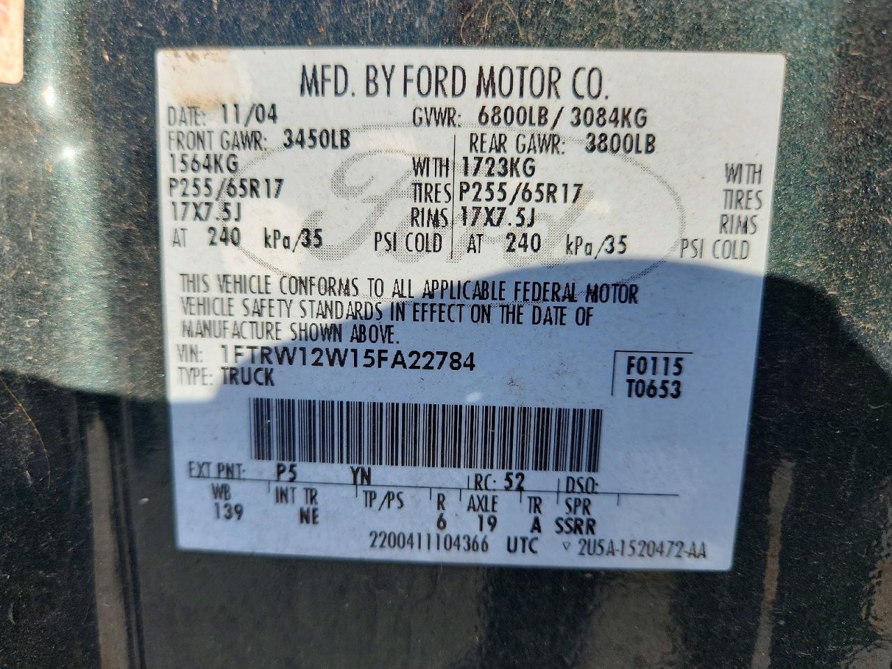 2005 Ford F150 Supercrew Зеленый vin: 1FTRW12W15FA22784