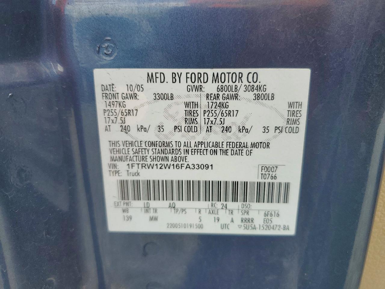 2006 Ford F150 Supercrew Синий vin: 1FTRW12W16FA33091