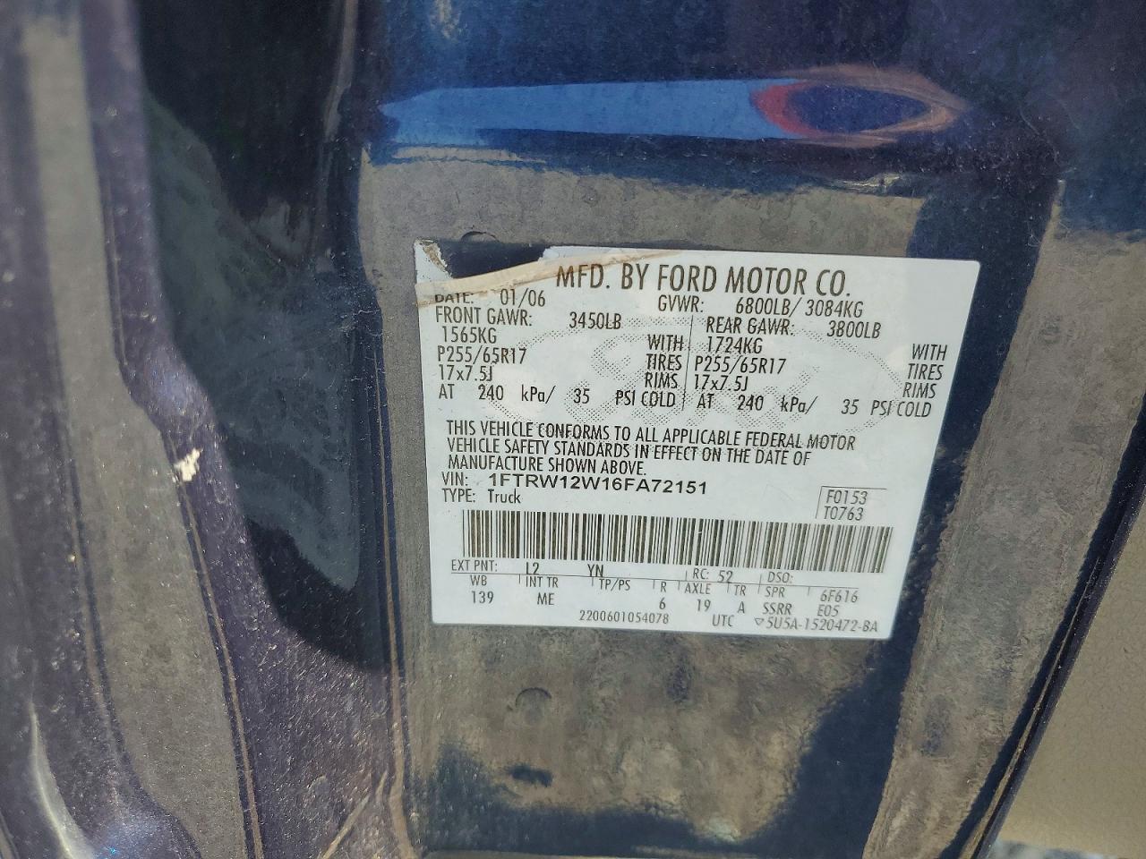 2006 Ford F150 Supercrew Blue vin: 1FTRW12W16FA72151
