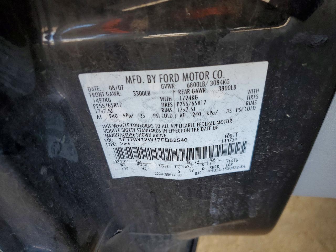 2007 Ford F150 Supercrew Black vin: 1FTRW12W17FB82540