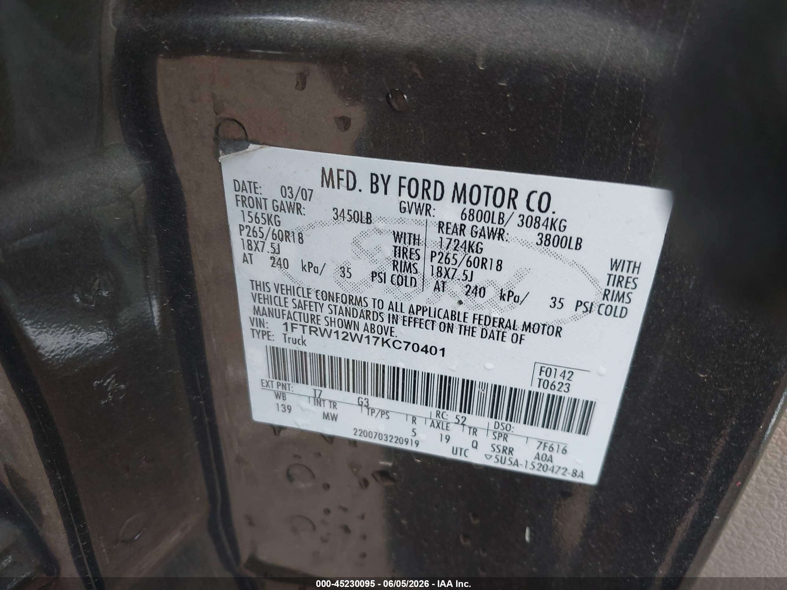 2007 Ford F-150 Xlt Black vin: 1FTRW12W17KC70401