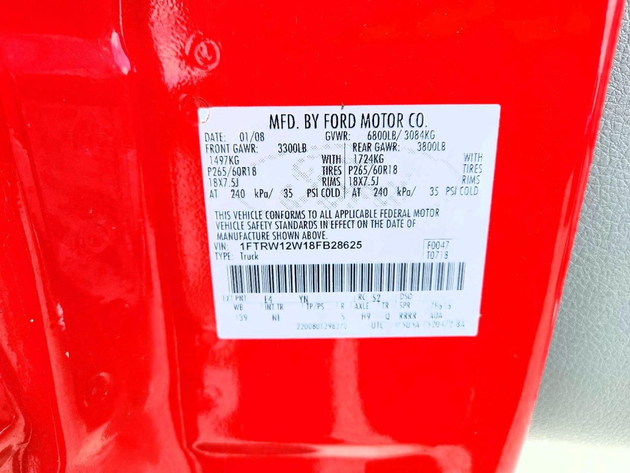 2008 Ford F150 Supercrew Red vin: 1FTRW12W18FB28625