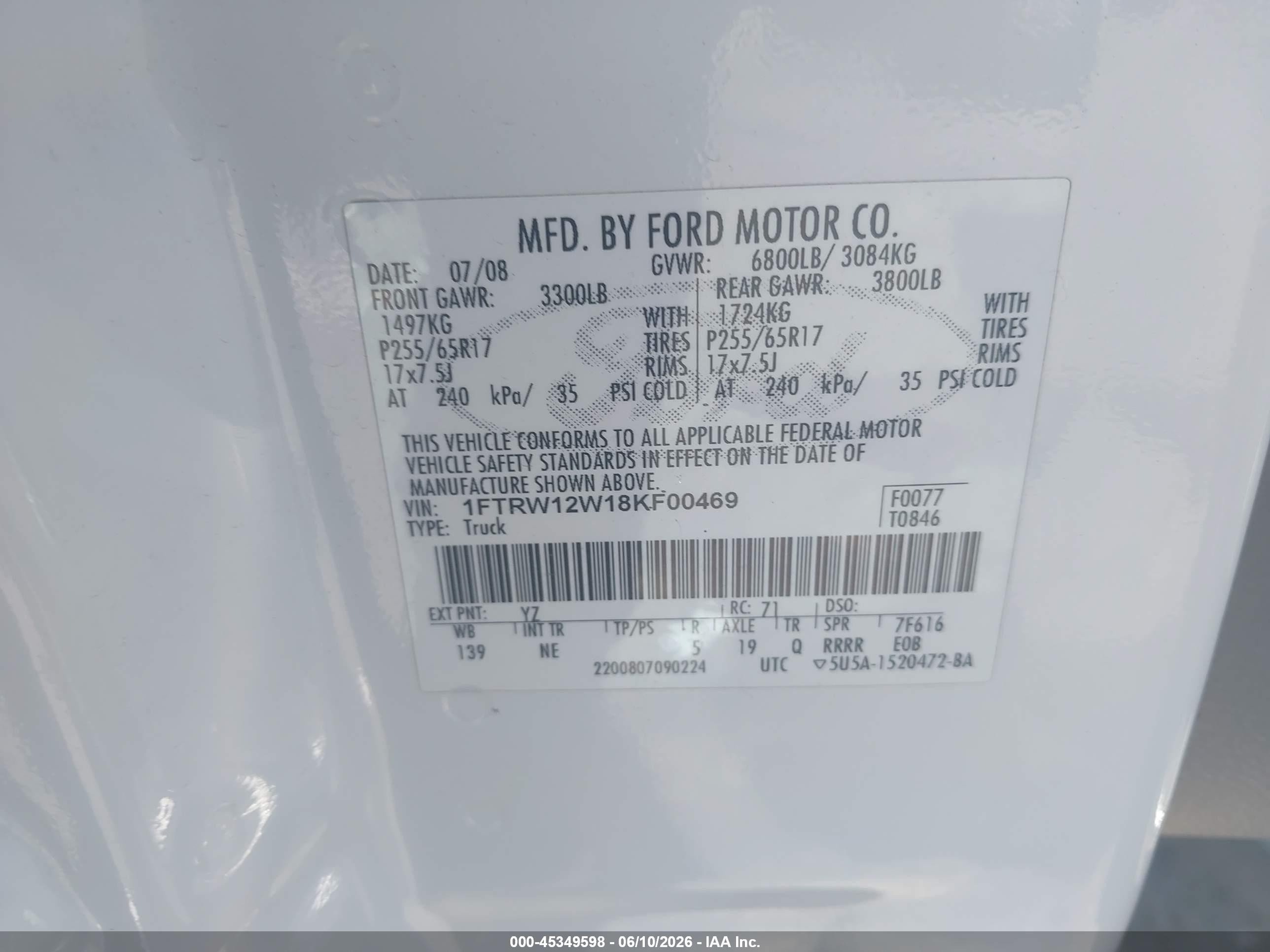 2008 Ford F-150 60th Anniversary/fx2/xl/xlt White vin: 1FTRW12W18KF00469