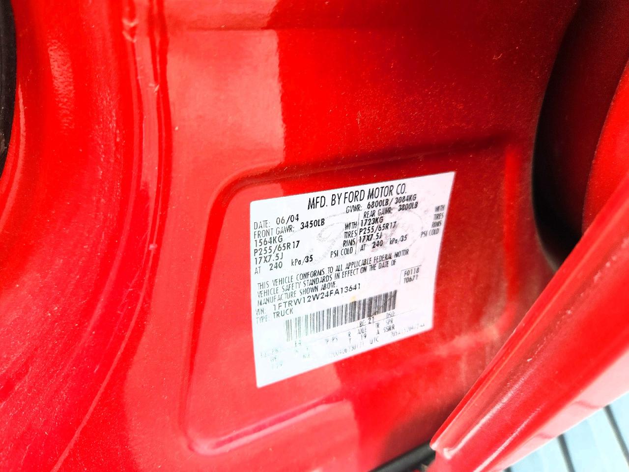 2004 Ford F150 Supercrew Red vin: 1FTRW12W24FA13641