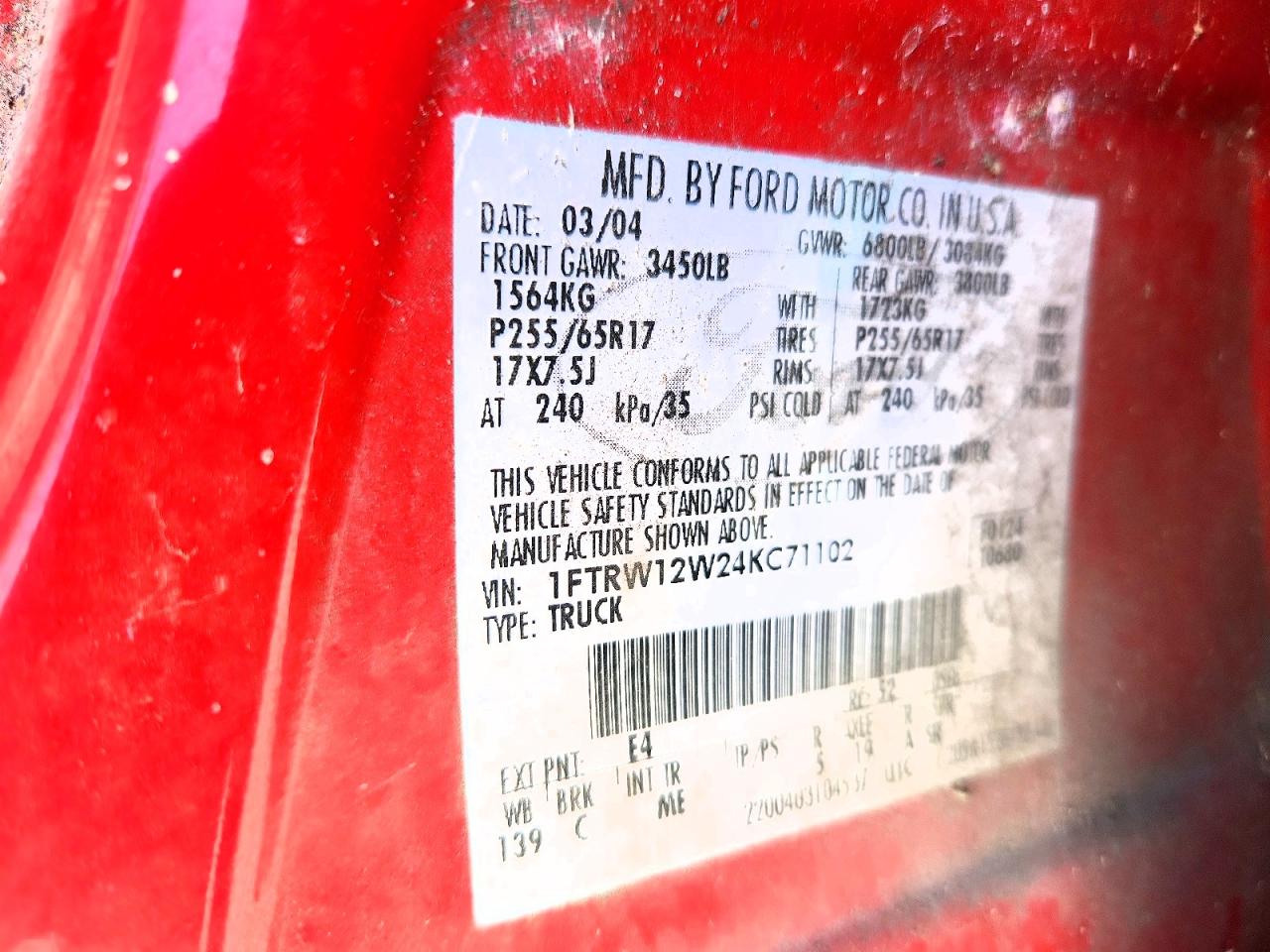 2004 Ford F150 Supercrew Red vin: 1FTRW12W24KC71102