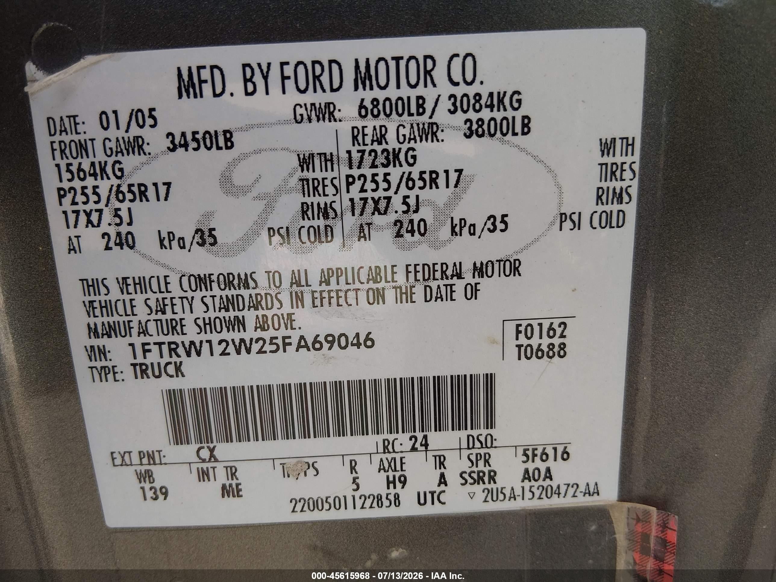2005 Ford F-150 Xlt Серый vin: 1FTRW12W25FA69046