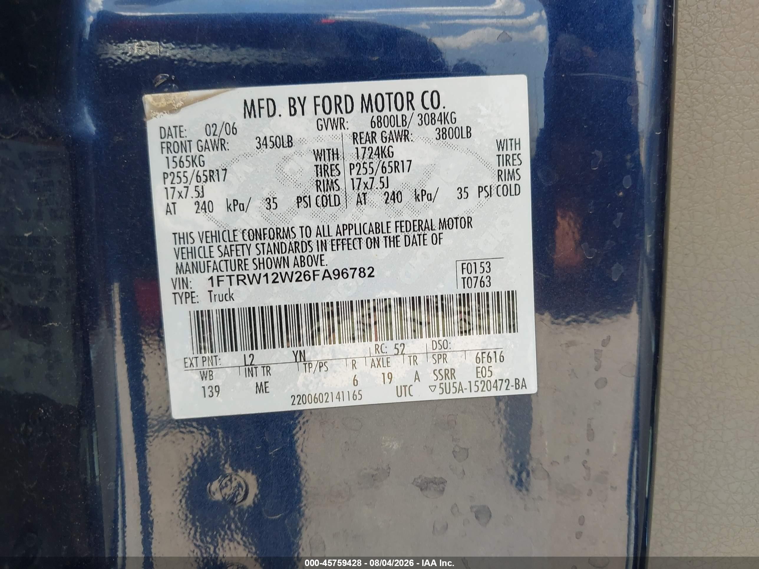2006 Ford F-150 Xlt Blue vin: 1FTRW12W26FA96782