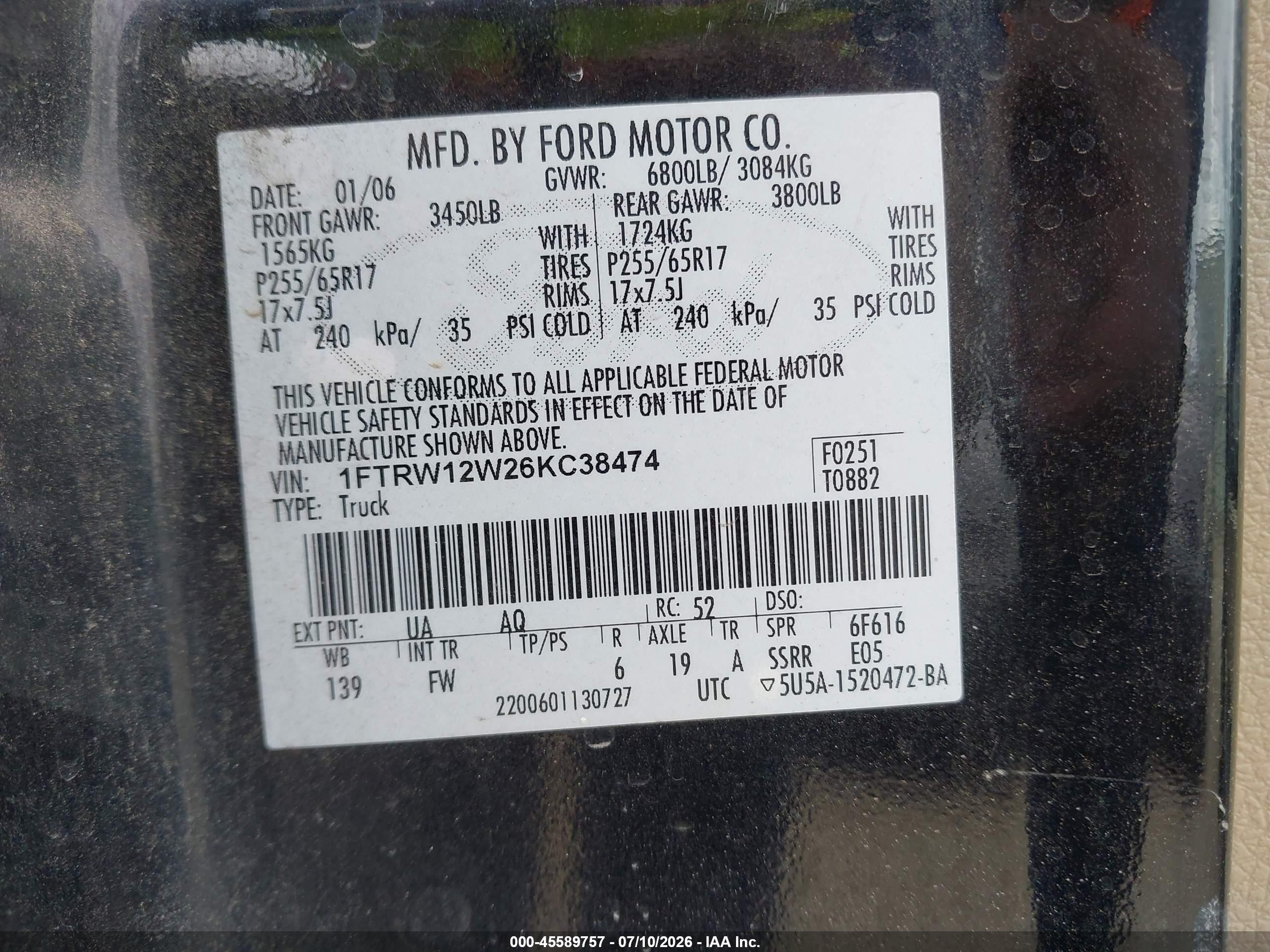 2006 Ford F-150 Xlt Черный vin: 1FTRW12W26KC38474