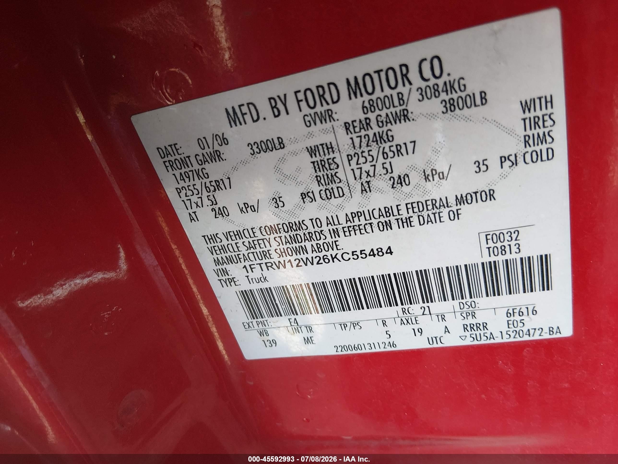 2006 Ford F-150 Xlt Red vin: 1FTRW12W26KC55484