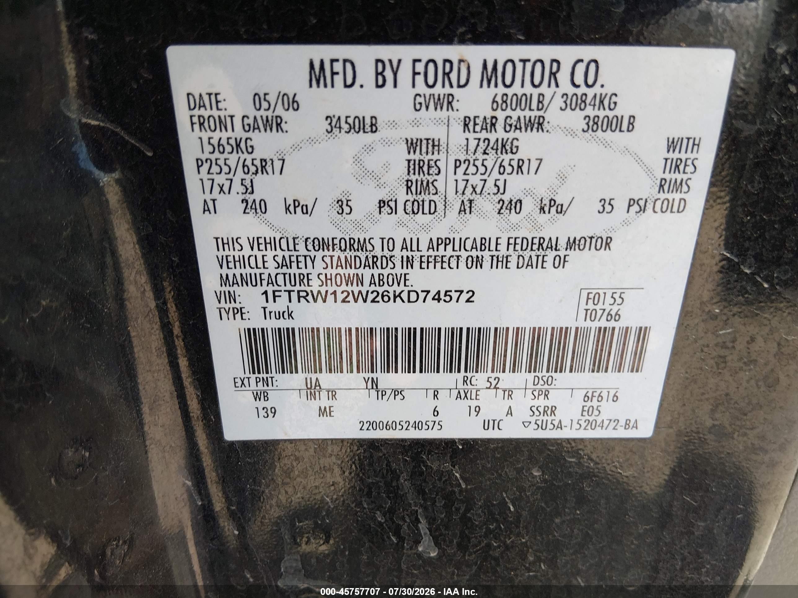 2006 Ford F-150 Xlt Black vin: 1FTRW12W26KD74572