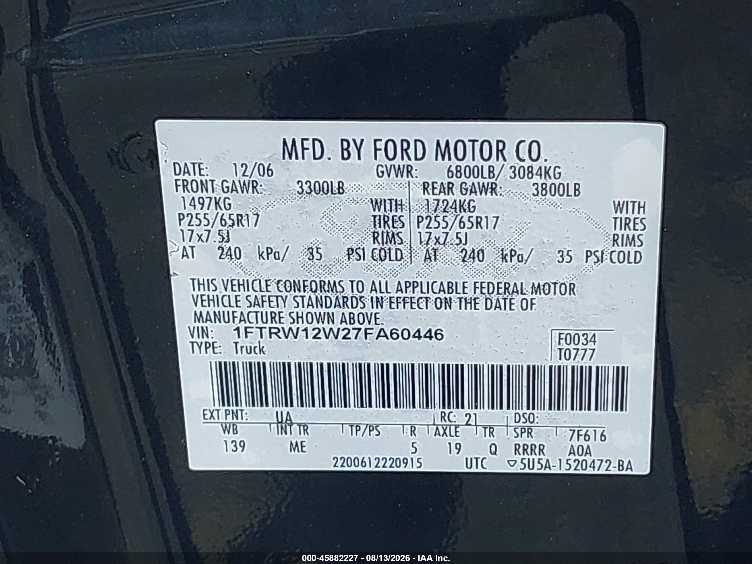 2007 Ford F-150 Xlt Black vin: 1FTRW12W27FA60446