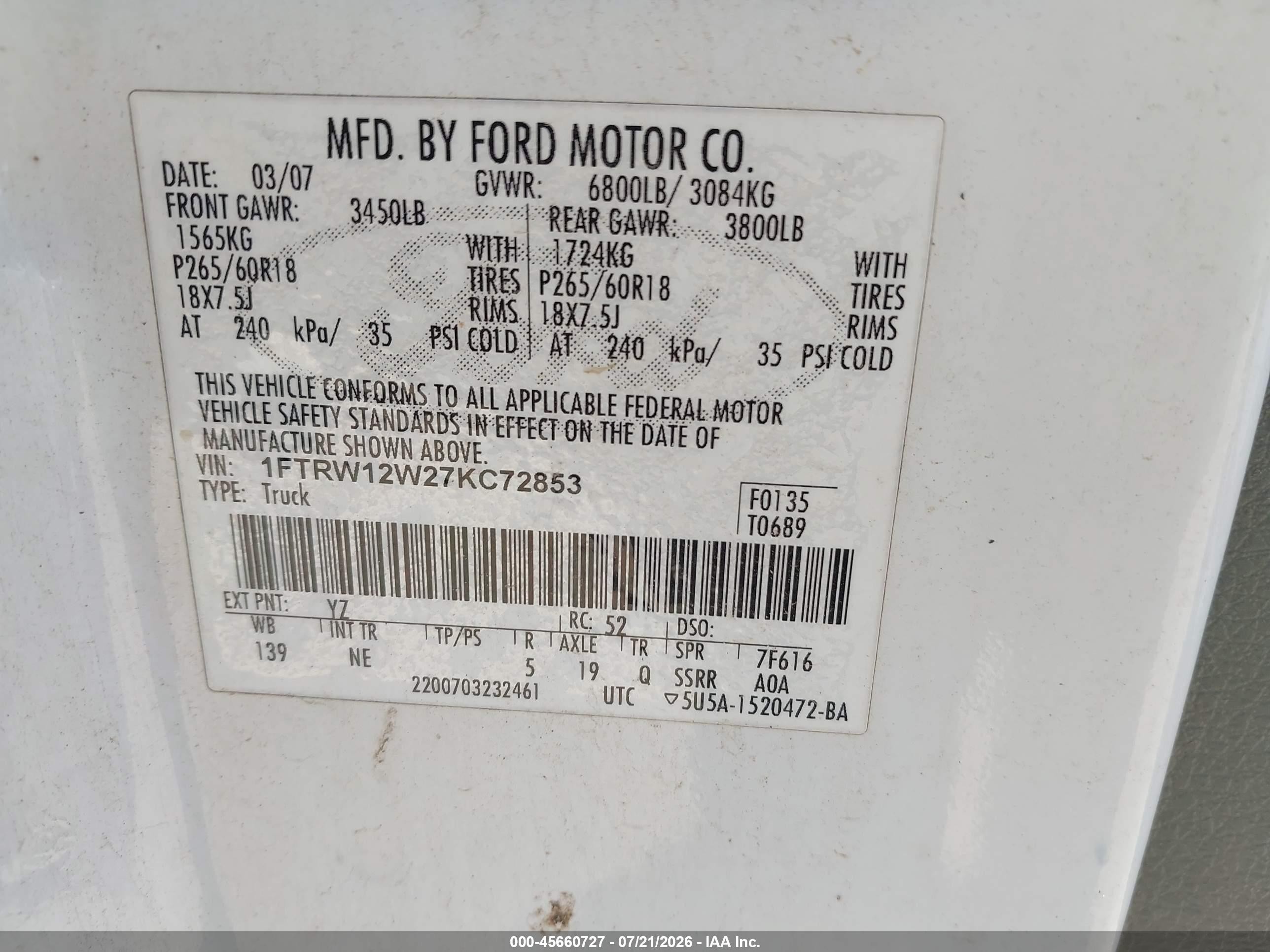 2007 Ford F-150 Xlt White vin: 1FTRW12W27KC72853