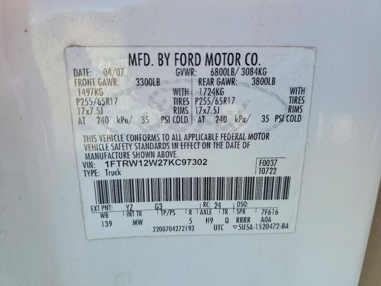 2007 Ford F150 Supercrew White vin: 1FTRW12W27KC97302