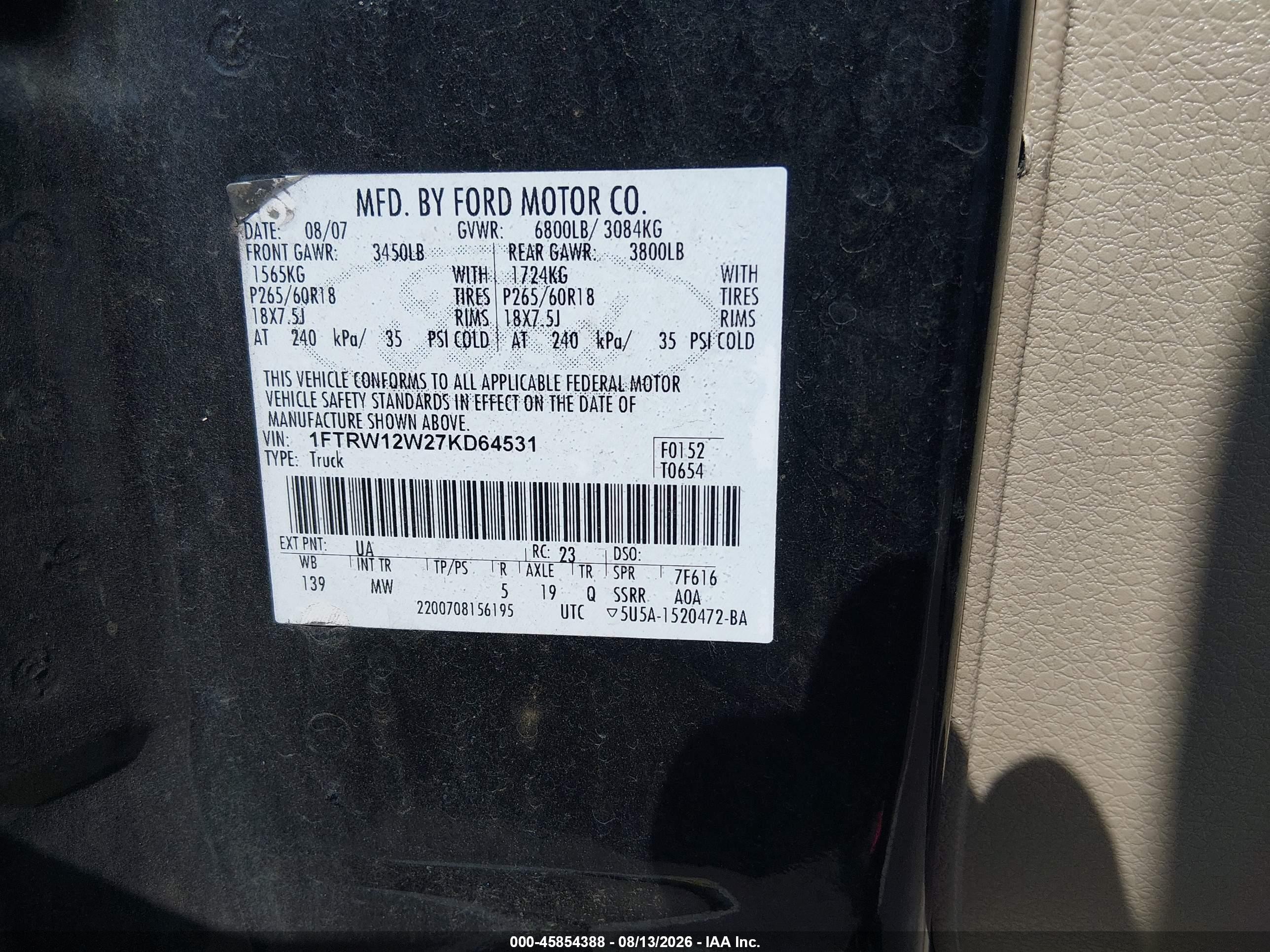 2007 Ford F-150 Xlt Черный vin: 1FTRW12W27KD64531
