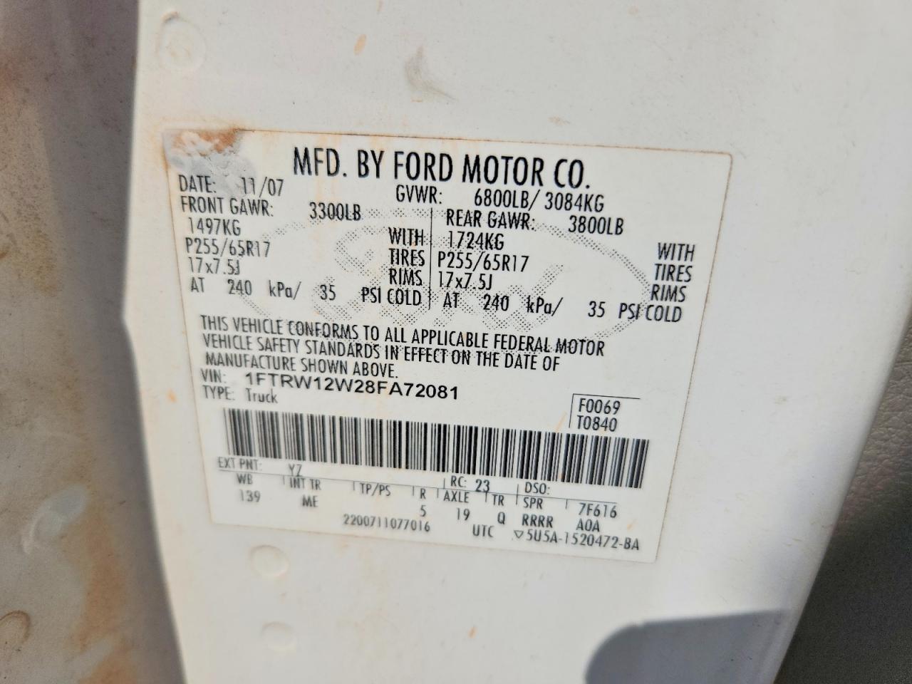 2008 Ford F150 Supercrew White vin: 1FTRW12W28FA72081