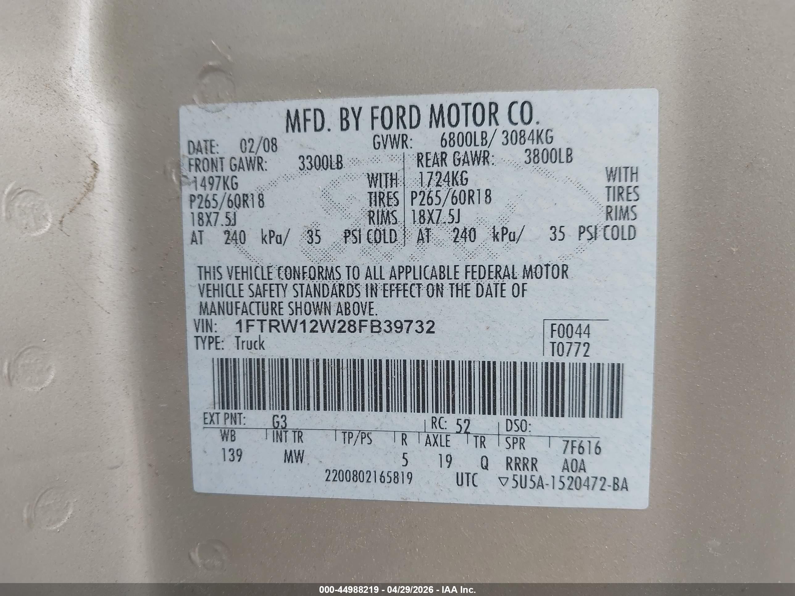 2008 Ford F-150 Xl/xlt Gold vin: 1FTRW12W28FB39732