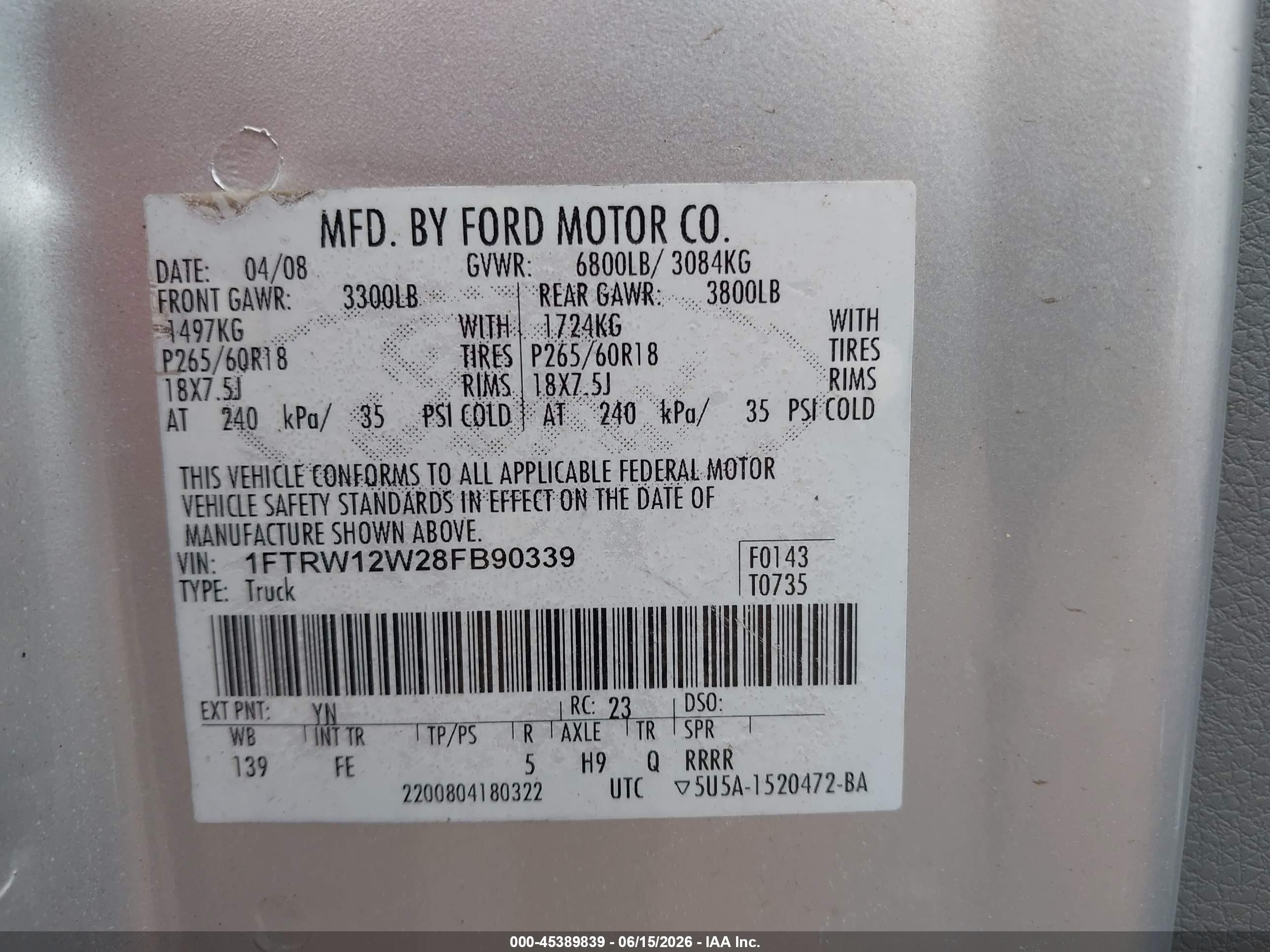 2008 Ford F-150 60th Anniversary/fx2/xl/xlt Silver vin: 1FTRW12W28FB90339